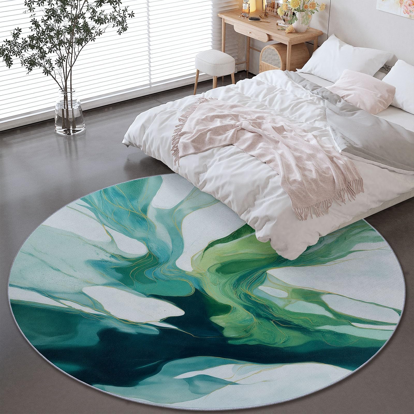Tapis rond salon 90 cm vert à rayures abstraites et poils courts
