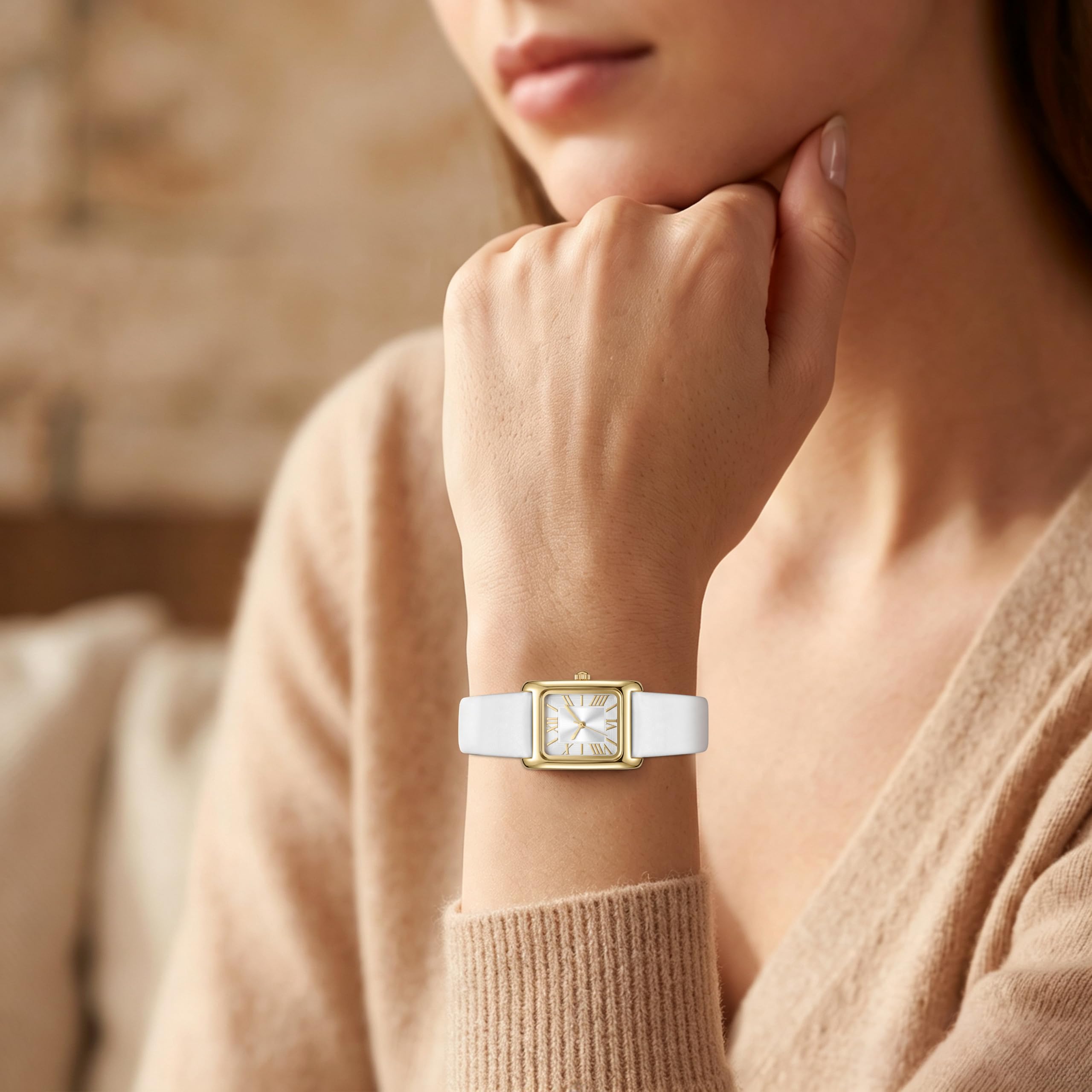 Asan Ge Orologio da donna bianco vintage numeri romani facile da leggere cinturino in pelle resistente all'acqua 30,5 m
