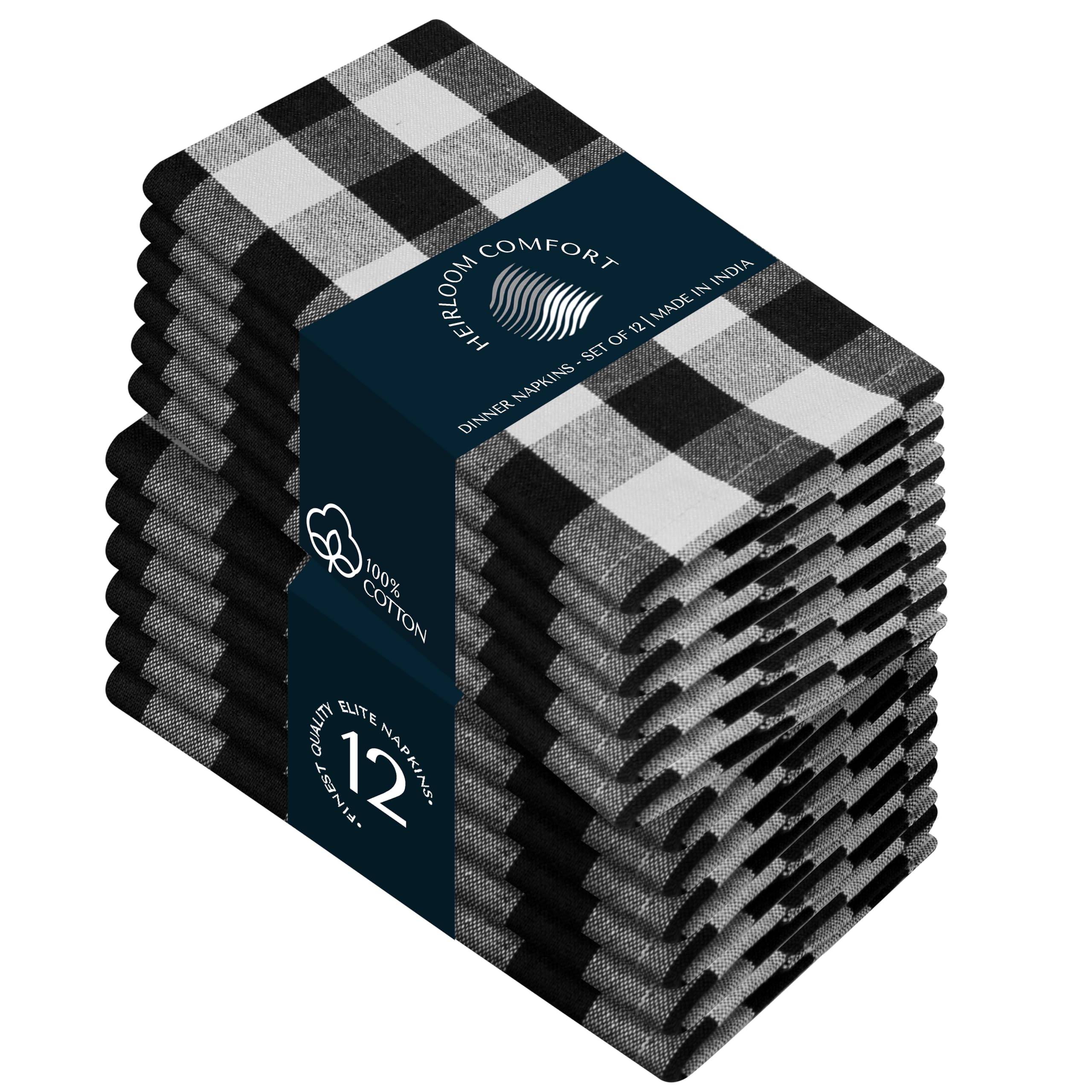 HEIRLOOM COMFORT Gingham Check Cloth Napkins Set of 12, 100% Cotton, 45x45 cm, Soft, Absorbent, Reusable, Hotel Quality, Washable Fabric for Dinner, Party, Holiday, Everyday Use, Black and White