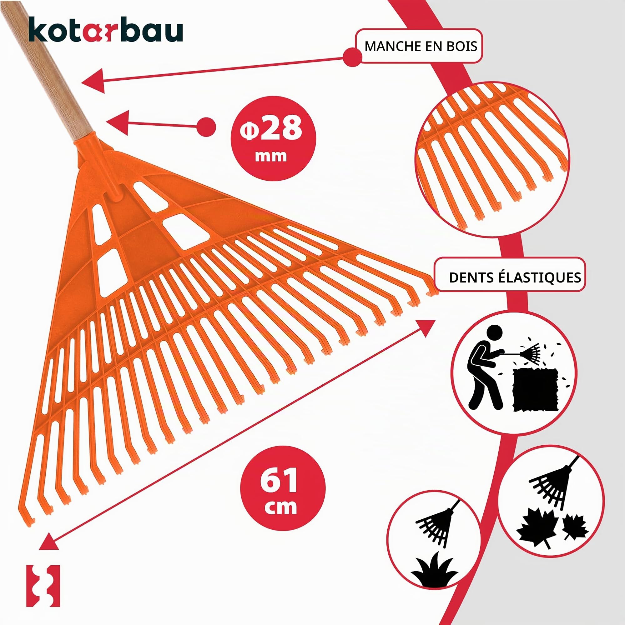 KOTARBAU® Rateau à Feuilles - Plastique - 61 cm - Noir - avec Manche - Râteau Jardin - Balai à Gazon - Ramasse Feuilles - Léger - Résistant - Entretien Jardin