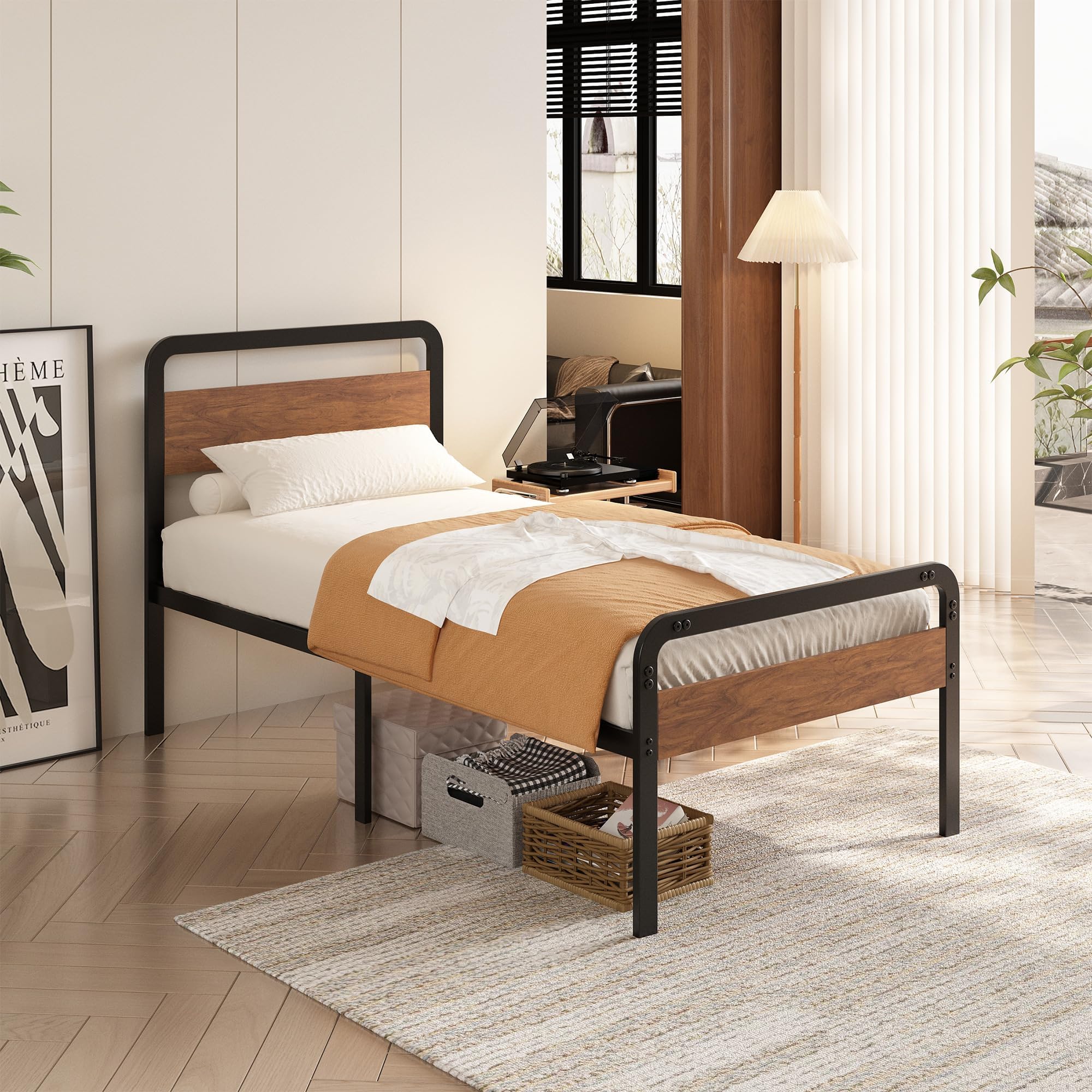 EMODA 16 Inch Twin Size Bed Frames with Wooden Headboard and Footboard, Heavy Duty Metal Slats Support Mattress Foundation, No Box Spring Needed, Easy Assembly