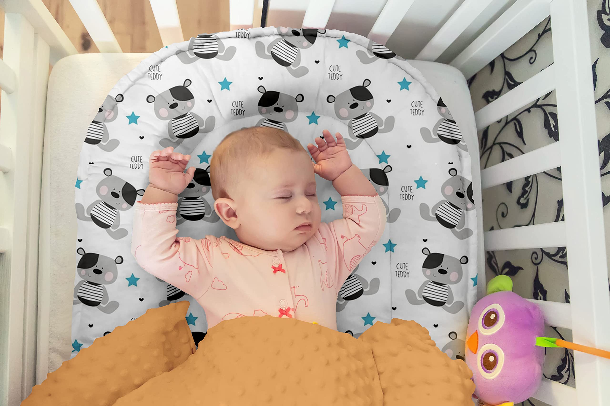 Kokon Kuschelnest für Babys und Säuglinge, Nestchen, Reisebett, 100% Baumwolle und Plüsch Minky, antiallergisch, Grau/Teddy