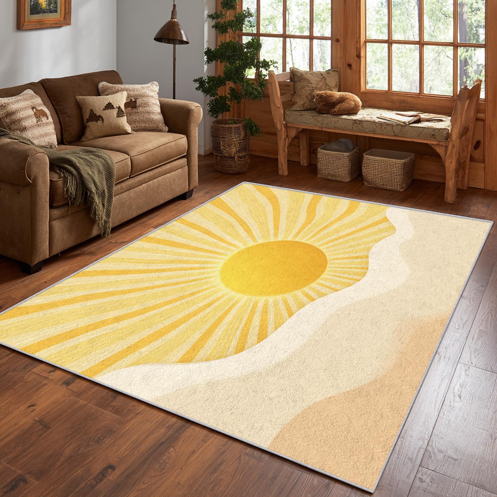 Tapis de salon boho lavable 200x200 cm au motif lever de soleil jaune style moderne du milieu du siècle