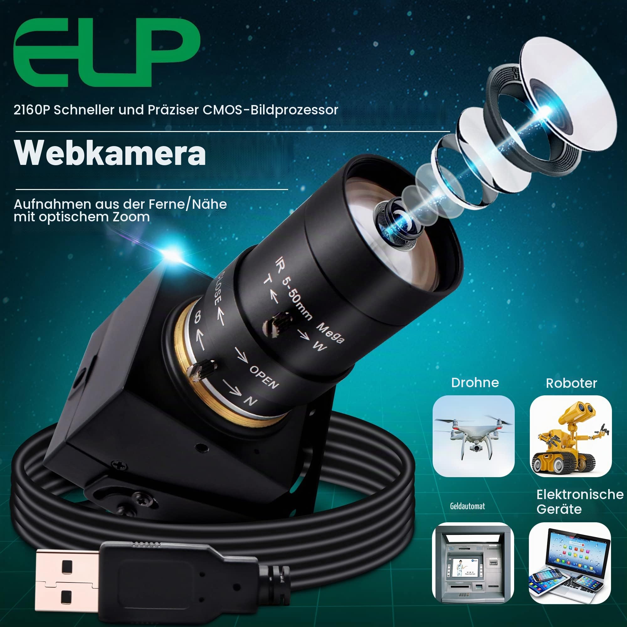 ELP USB Kamera 4K mit 5–50 mm 10-Fach optischem Zoomobjektiv 2160P OpenCV Nahaufnahme Zoom hinein und heraus Webkamera Videokonferenzkamera für Computer Laptop Jetson Nano Raspberry Pi