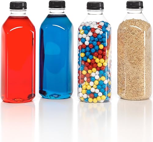 Miniatura 1 de Botellas de jugo de plástico transparente de grado alimenticio de 32 onzas con tapas negras a prueba de manipulaciones (paquete de 10)