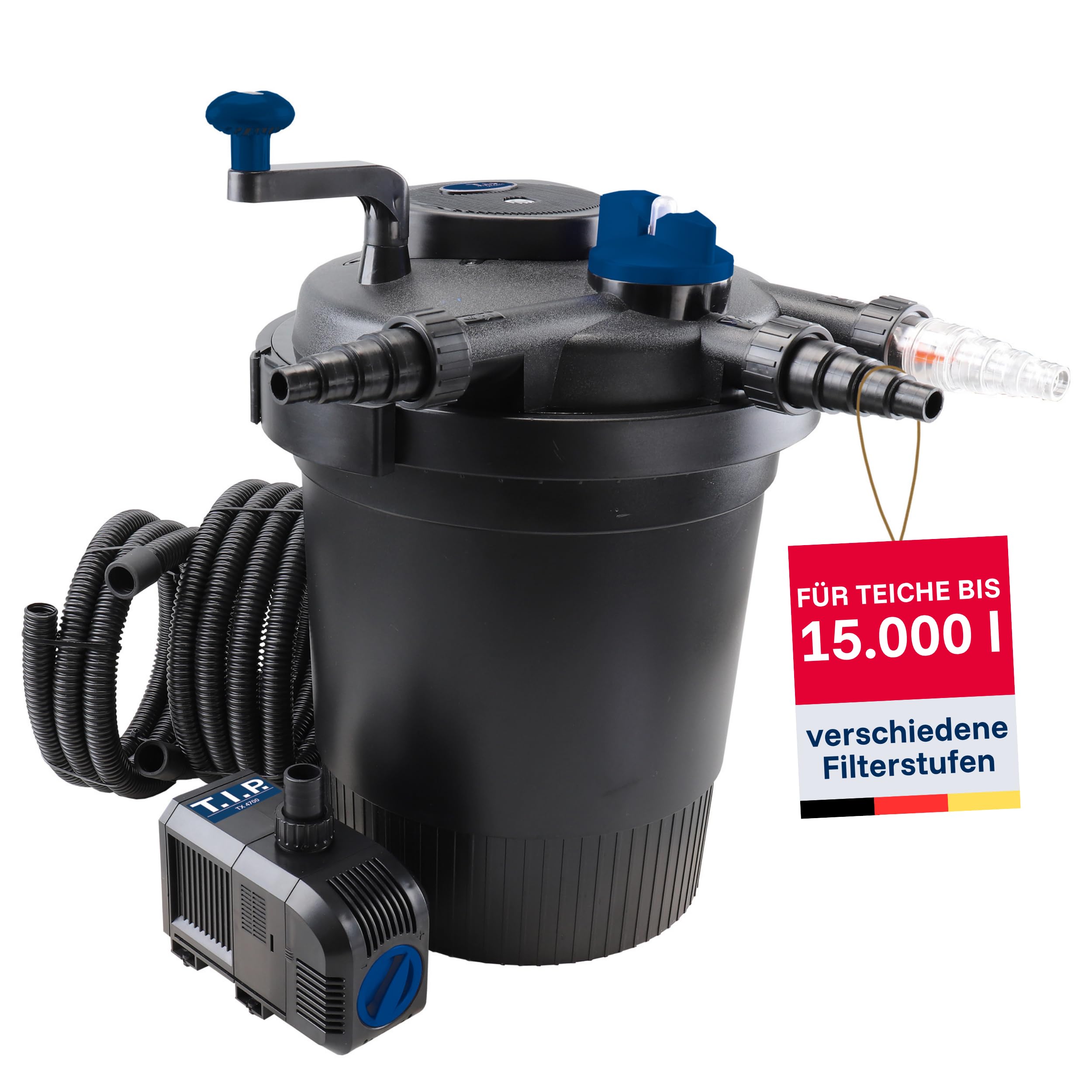 T.I.P. Teichfilter - Teichdruckfilter-Set (15.000 l Teichvolumen, 4.500 l/h Fördermenge, UV-C 13 W, int. Rückspülfunktion, inkl. Pumpe, UV-C Strahler, Schläuche, Filtermaterial) TFP 15000 UV 13, 30299 | Staubfilter mit 13 W UV-C-Lampe, 4500 l/h Durchfluss
