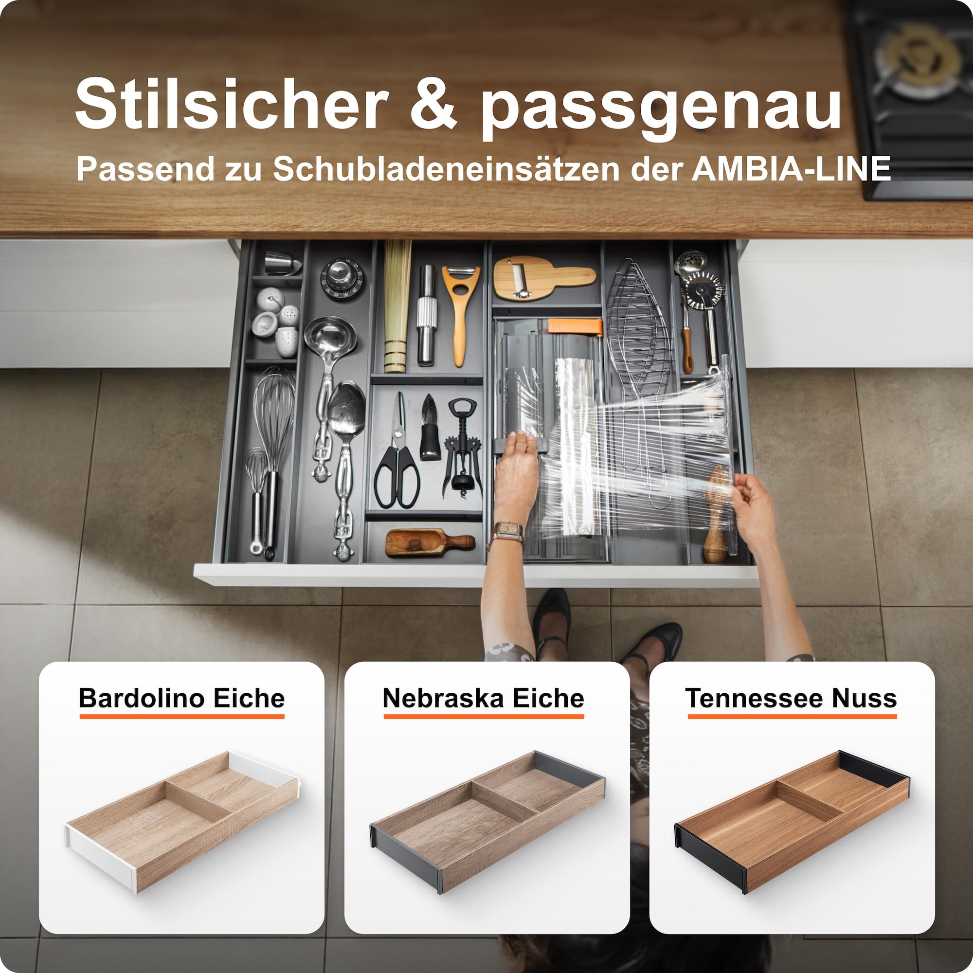 Blum AMBIA-LINE Folienschneider | 2-in-1 Cutter für Frischhalte- & Alufolie bis Ø 46 mm | faltenfreies Abrollen & sauberes Schneiden | Küchenhelfer mit modernem, platzsparendem Design | Oriongrau