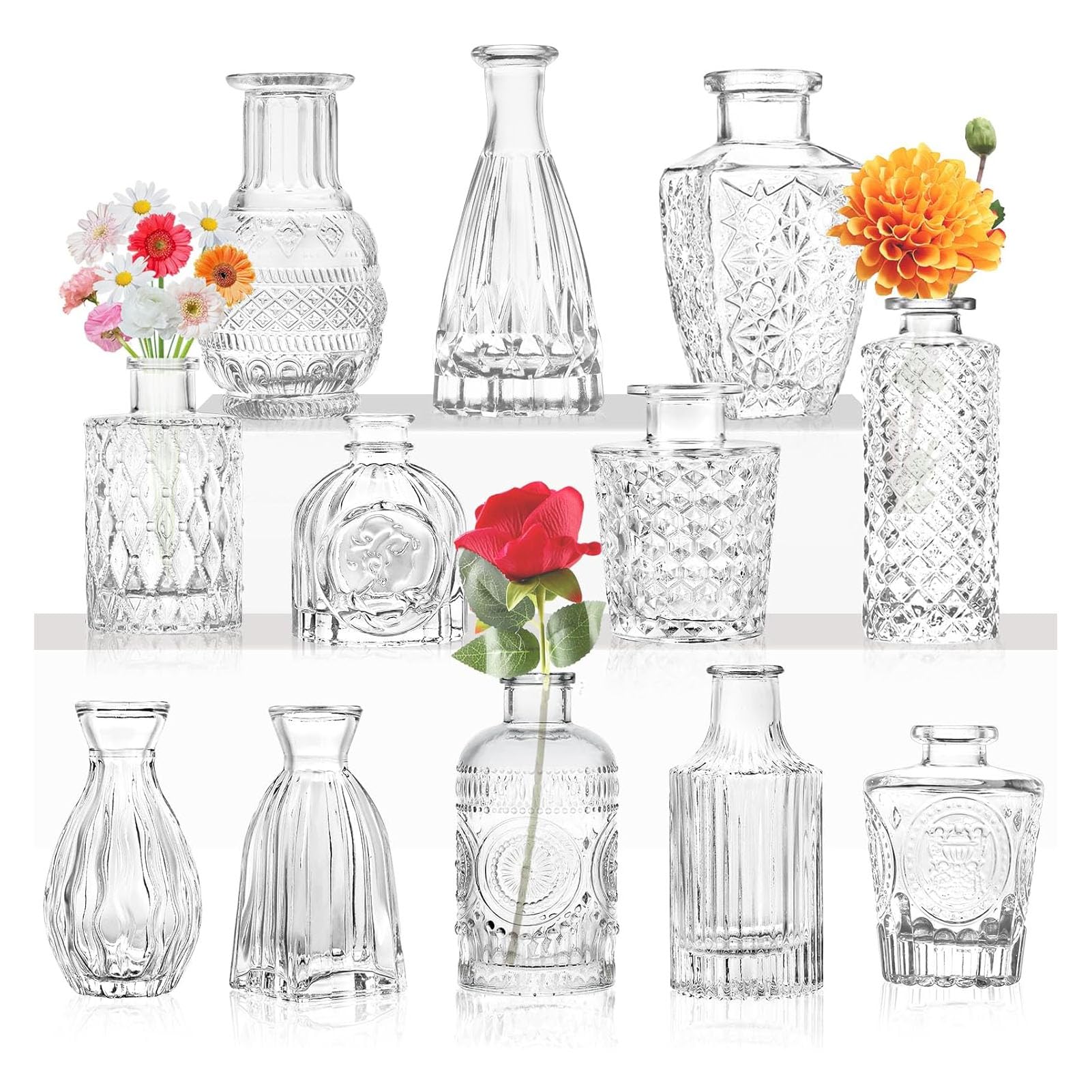 VAODO Glass Vases Set of 12, Clear Bud Vases in Bulk, Madrid Embossed Ornament Vases for Home Decor, Small Glass Vases for Wedding Decoration, Home Table Floral Decoration, Table Centerpieces
