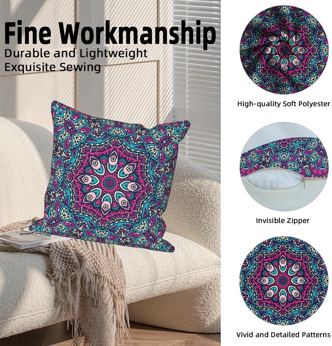 Mandala Throw Pillow Cover 18"x18" Set of 4, Bohemian Cushion Covers Decorative Moroccan Patterned Pillowcase for Couch Sofa Bed Chair Living Room Farmhouse Patio Home Indoor Outdoor