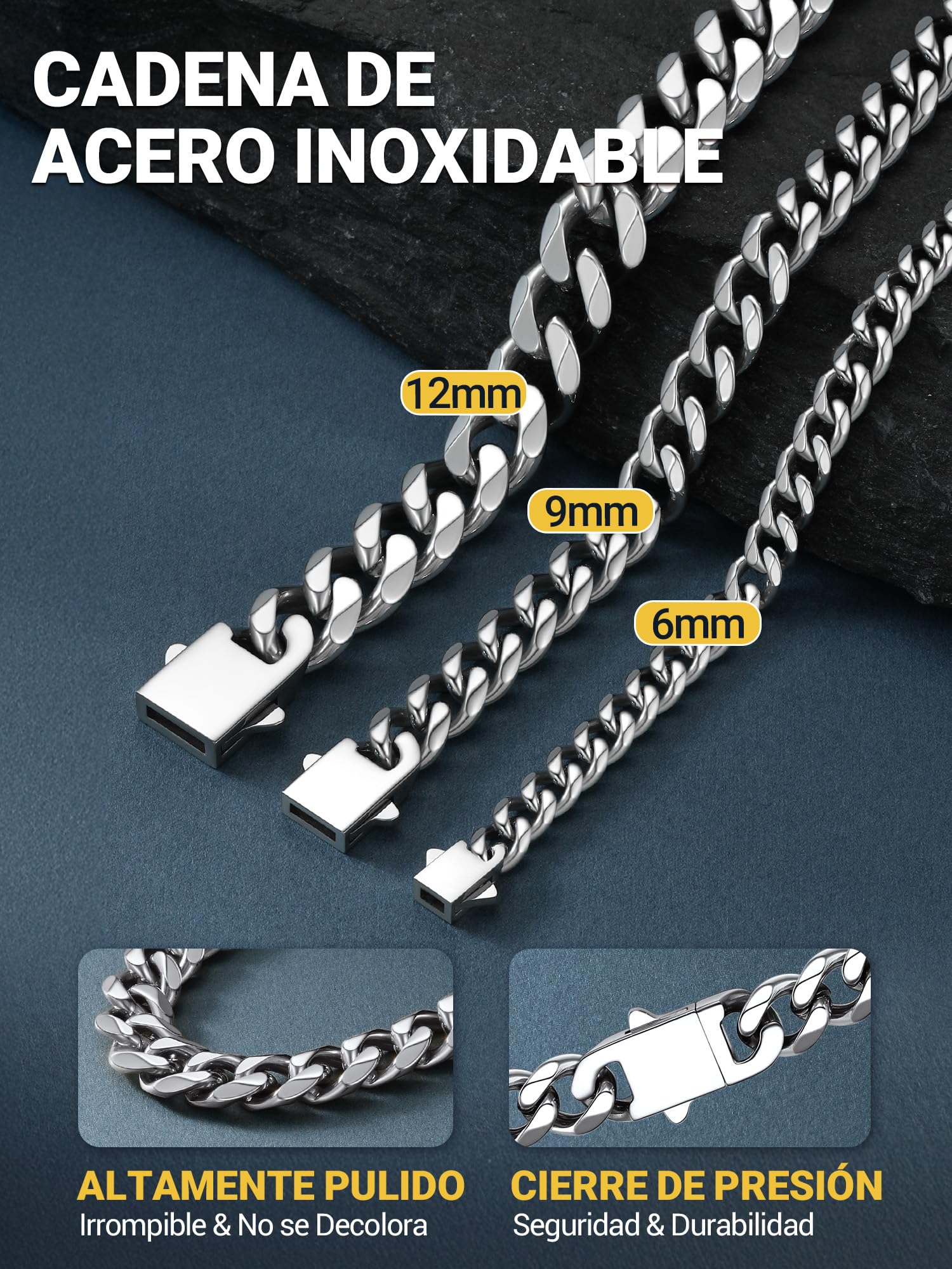 PROSTEEL Cadena Cubana Hombre Collar Cubano Eslabones Acero Inoxidable 6/9/12mm Ancho Cadenas Cubanas Hip Pop Punk Rock 46cm-76cm