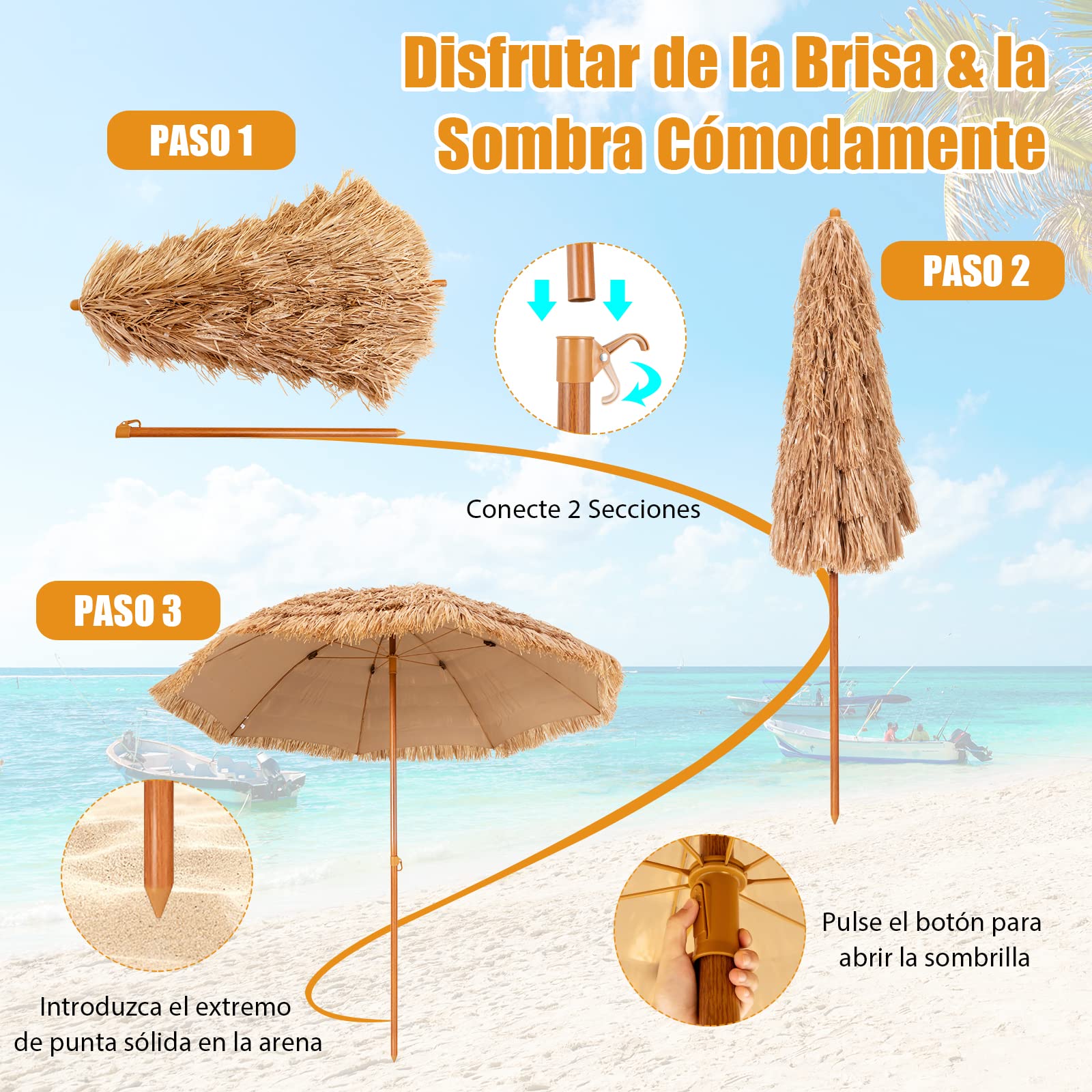 COSTWAY Sombrilla playa, Sombrilla Terraza Exterior con Apariencia de Paja y 8 Costillas, Sombrilla de Playa Inclinable y Plegable para Jardín, Parasol Exterior sin Base