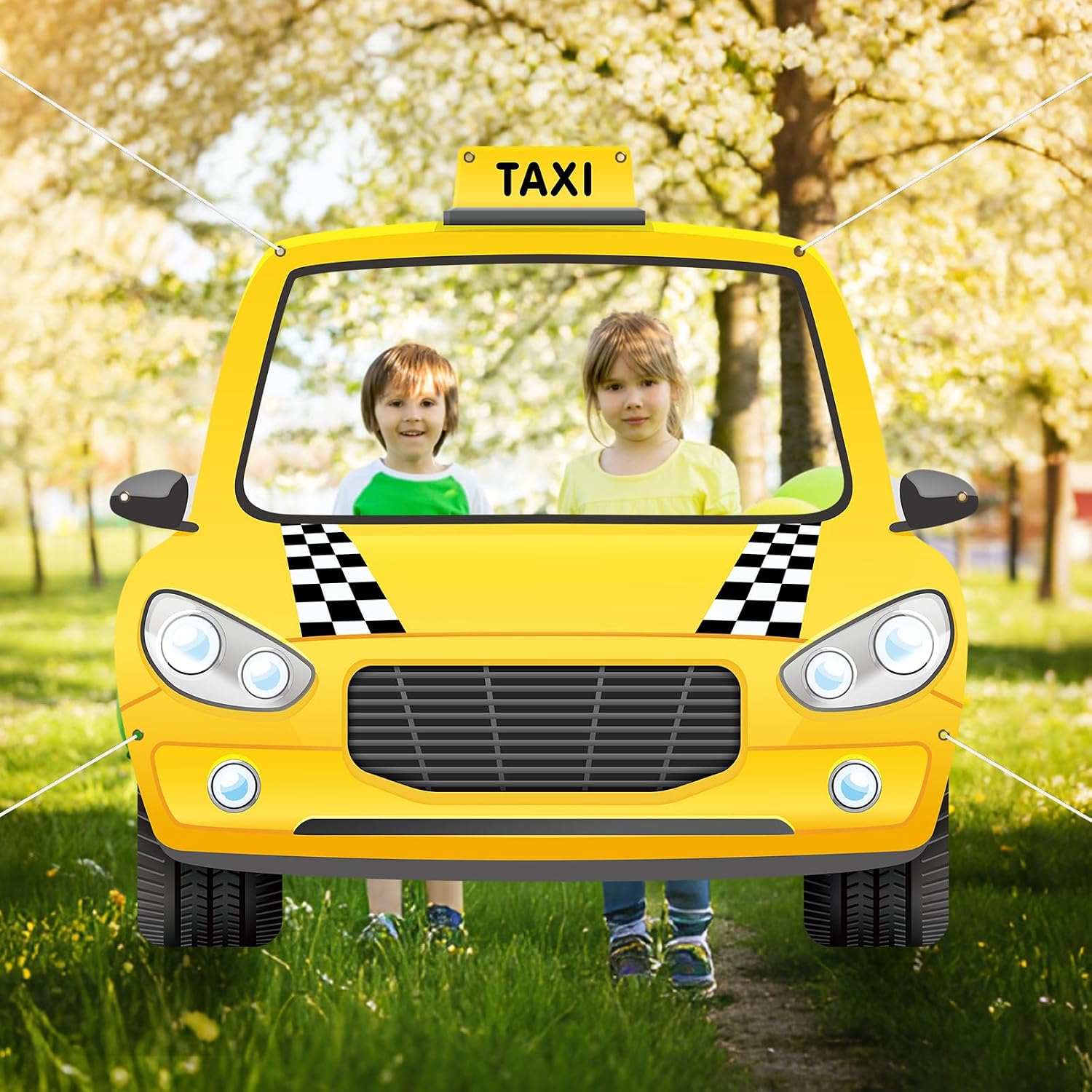 Fabric Taxi Themed NYC Photo Booth Car Themed Party Decoration Yellow Cab Background Taxi Selfie Backdrop Black and White Checkered Decor for Birthday Baby Shower Party Supplies 59 x 54.5 Inch
