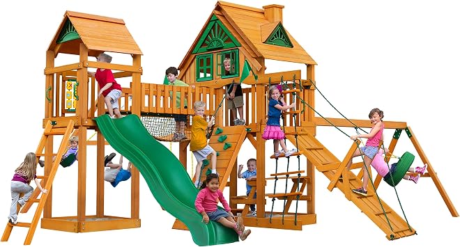 Gorilla Playsets 01-0055-AP Pioneer Peak Treehouse Wooden Swing Set with Amber Posts, Tire Swing, Slide and Tower with Clatter Bridge, Brown
