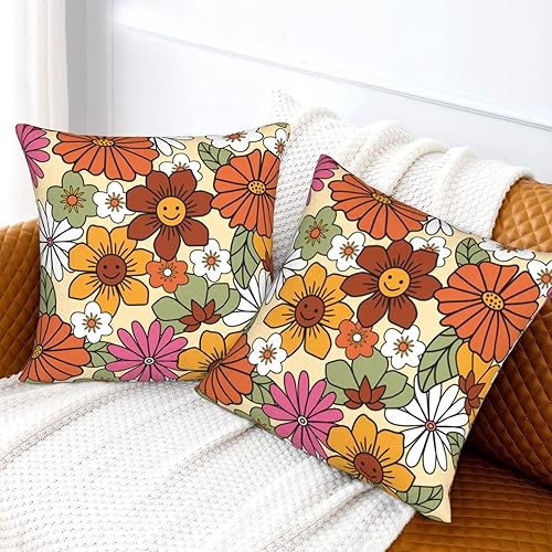 Miniatura 2 de Groovy - Juego de 2 fundas de almohada de 18 x 18 pulgadas, diseño floral naranja retro de los años 70, diseño de flores hippie bohemias, con hojas,