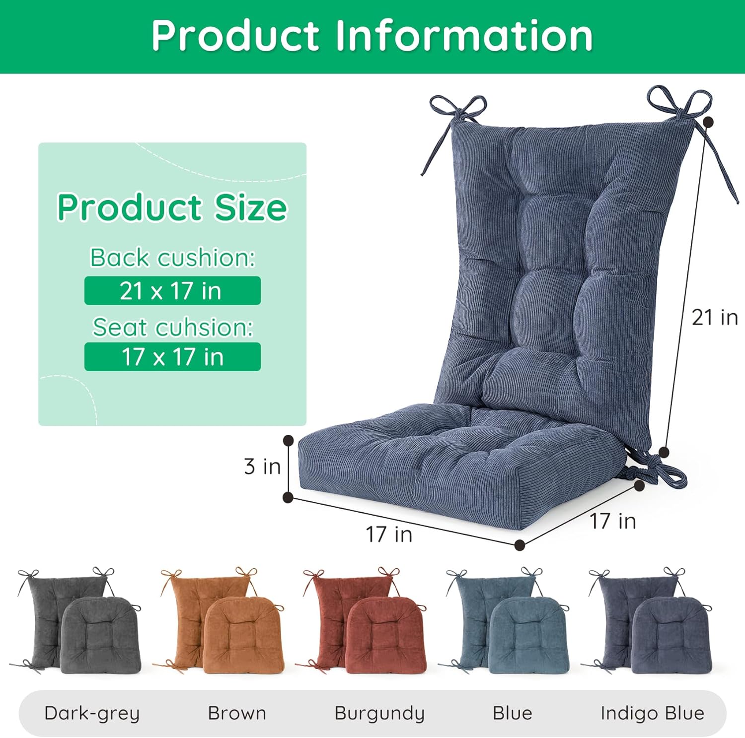 Rocking Chair Cushion, Non Slip Seat & Back Cushions with Ties,Durable Comfort Non-Slip Bottom Tufted Seat Pads (Indigo Blue)