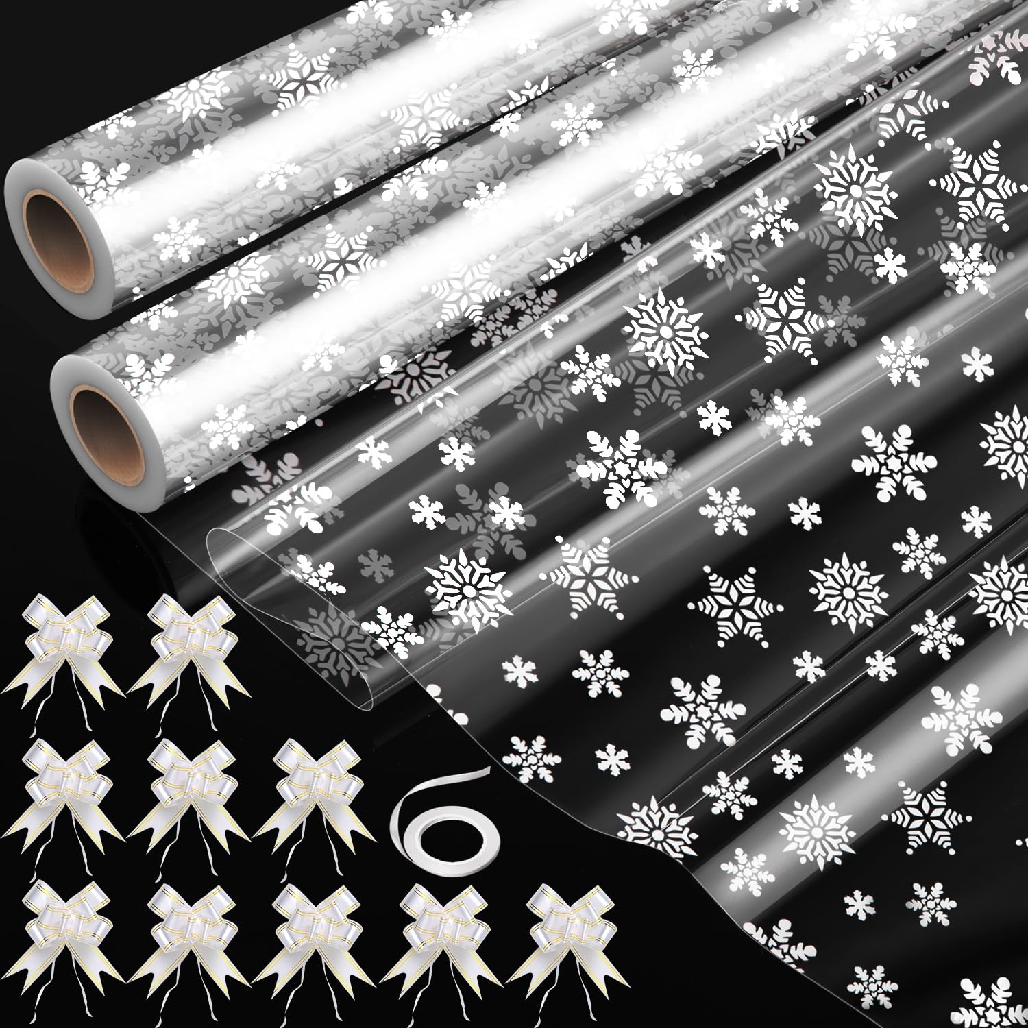 TOGOU2S Cellophane Wrap, Cellophane Wrap for Hampers, 2 Rolls 80cm x 15m Snowflakes Cellophane Roll Folded in Half, 10 Pull Bows 1 Ribbon, Large Plastic Wrapping Paper for Gift Wrap,Christmas