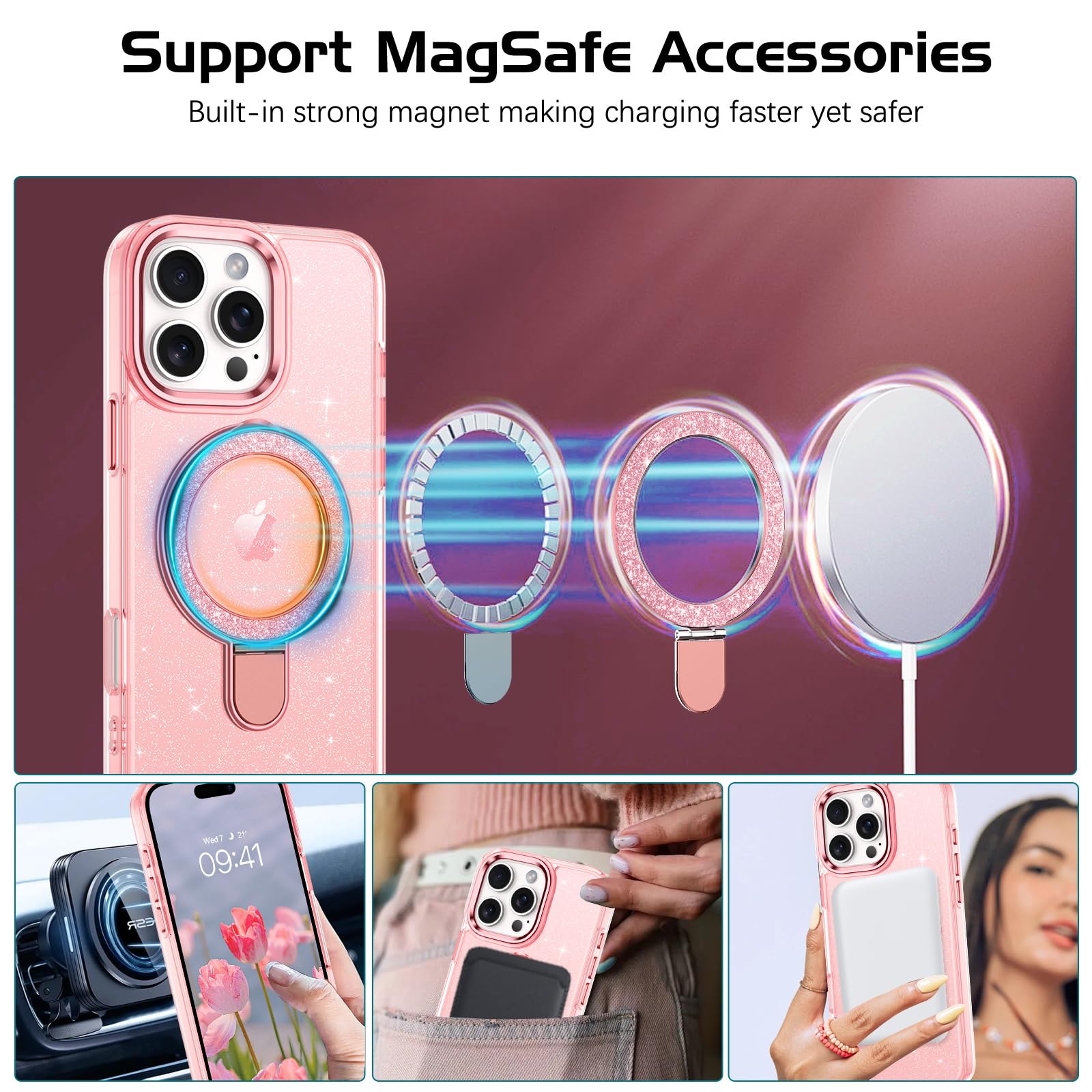 BENTOBEN For Magnetic IPhone 16 Pro Max Case 2024, [Compatible With Magsafe] [Curly Wave Frame Design] Non-Slip Easier Grip Kickstand Ring Holder Protective Bumper Cute Girl Women Phone Cover,Hot Pink