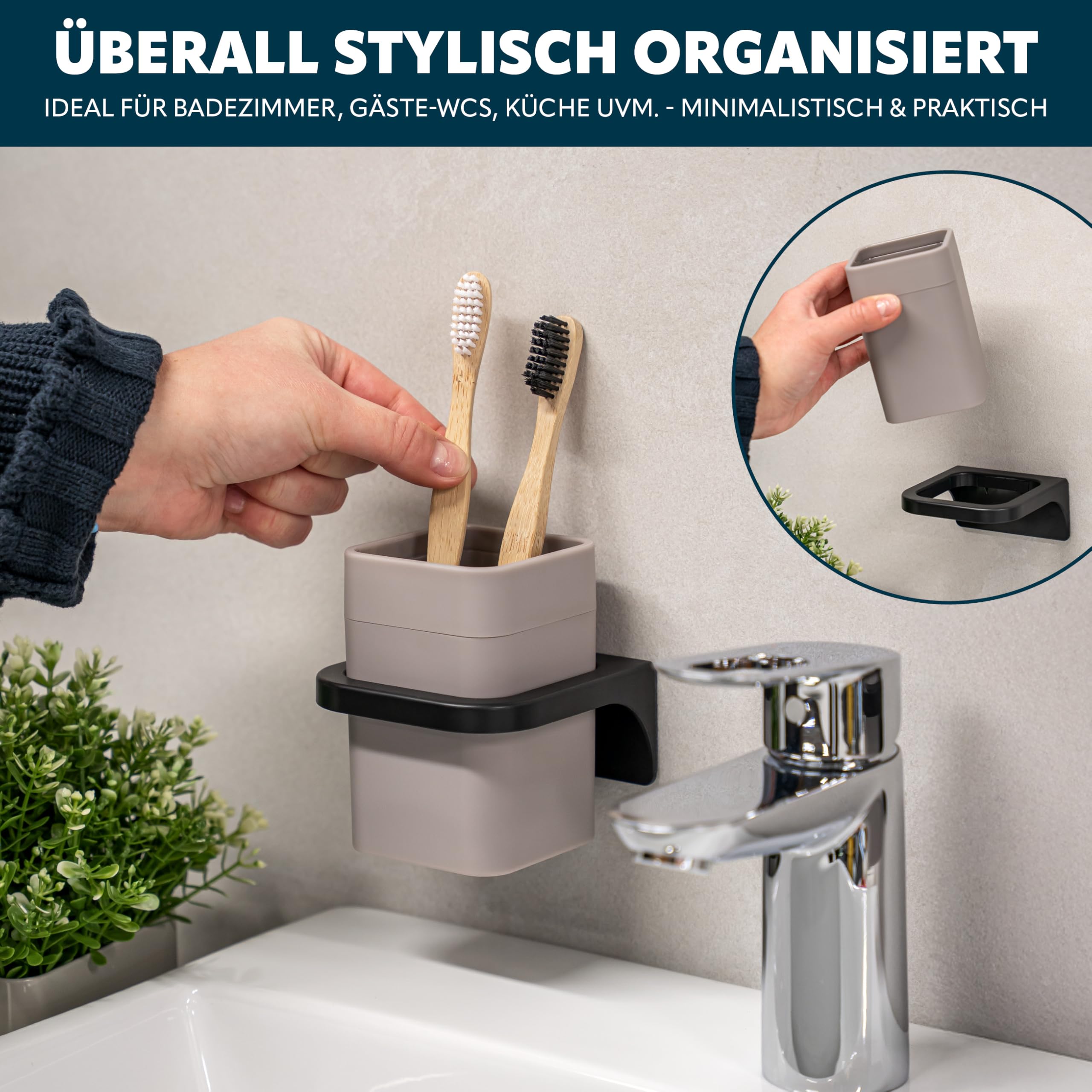 bremermann Zahnputzbecher Savona mit Soft-Touch Oberfläche, eckiger Becherhalter inkl. Wandhalterung zum Kleben oder Bohren, Zahnbürstenhalter aus Kunststoff (Taupe)