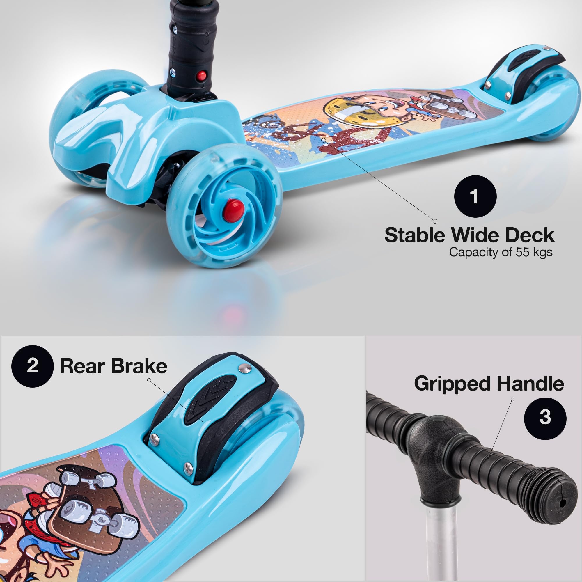 Baybee Flash Kick Scooter for Kids | Smart Foldable 3 Wheel Kids Scooter with 4 Height Adjustable, LED PU Wheels & Brake | Skating Scooters Upto 75 Kg Capacity | Skate Scooters for Kid (Light Blue) 4