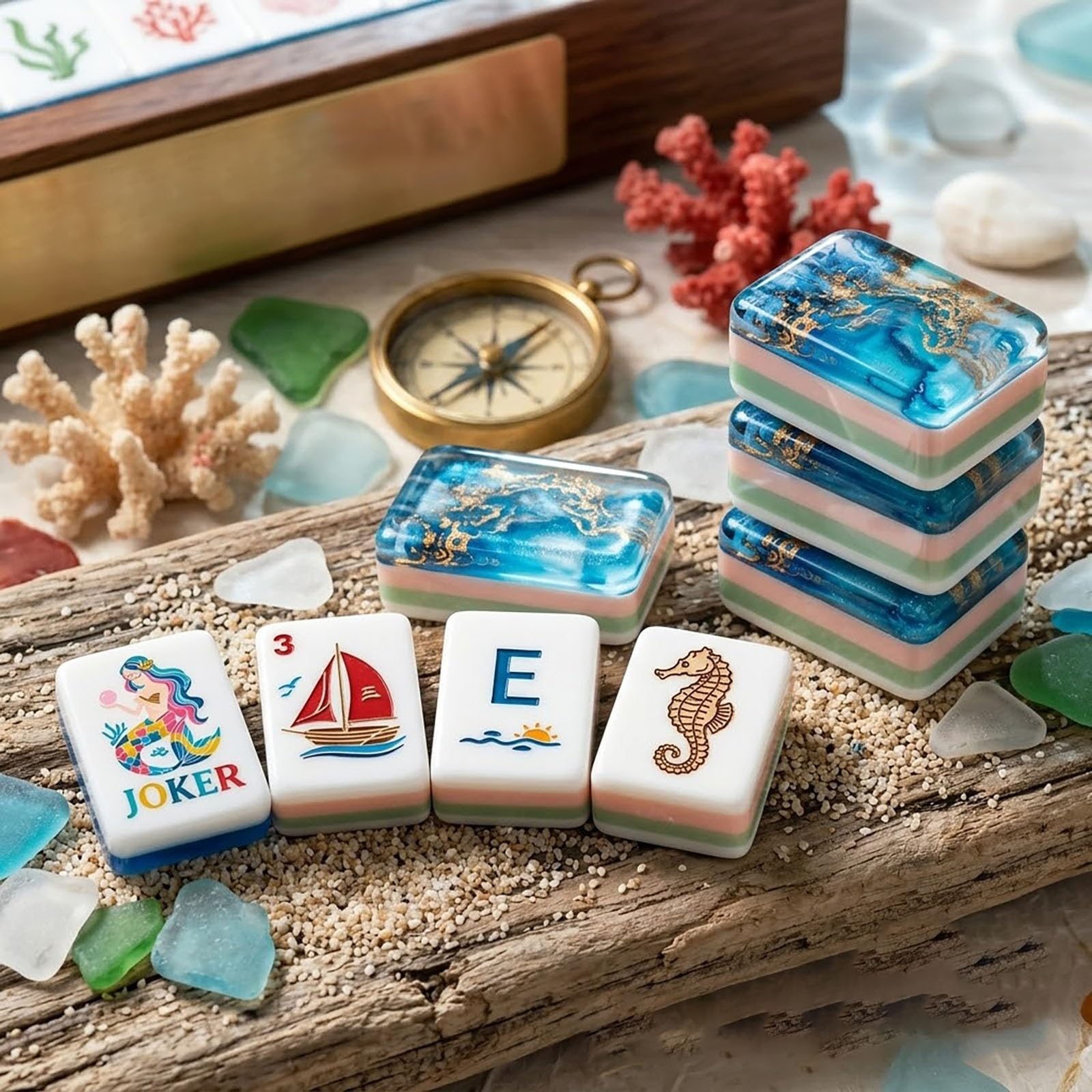 Set Mahjong nautico Ocean, acrilico premium a 4 strati inciso a mano