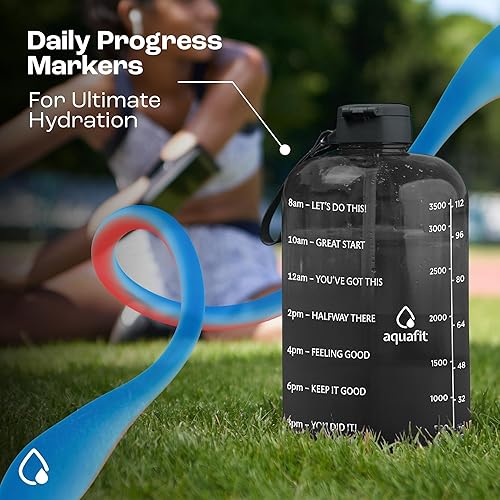 Miniatura 6 de AQUAFIT Botella de agua de 1 galón con marcador de tiempo, tapa para popote y bebida, botella de agua grande con popote, botella de agua para