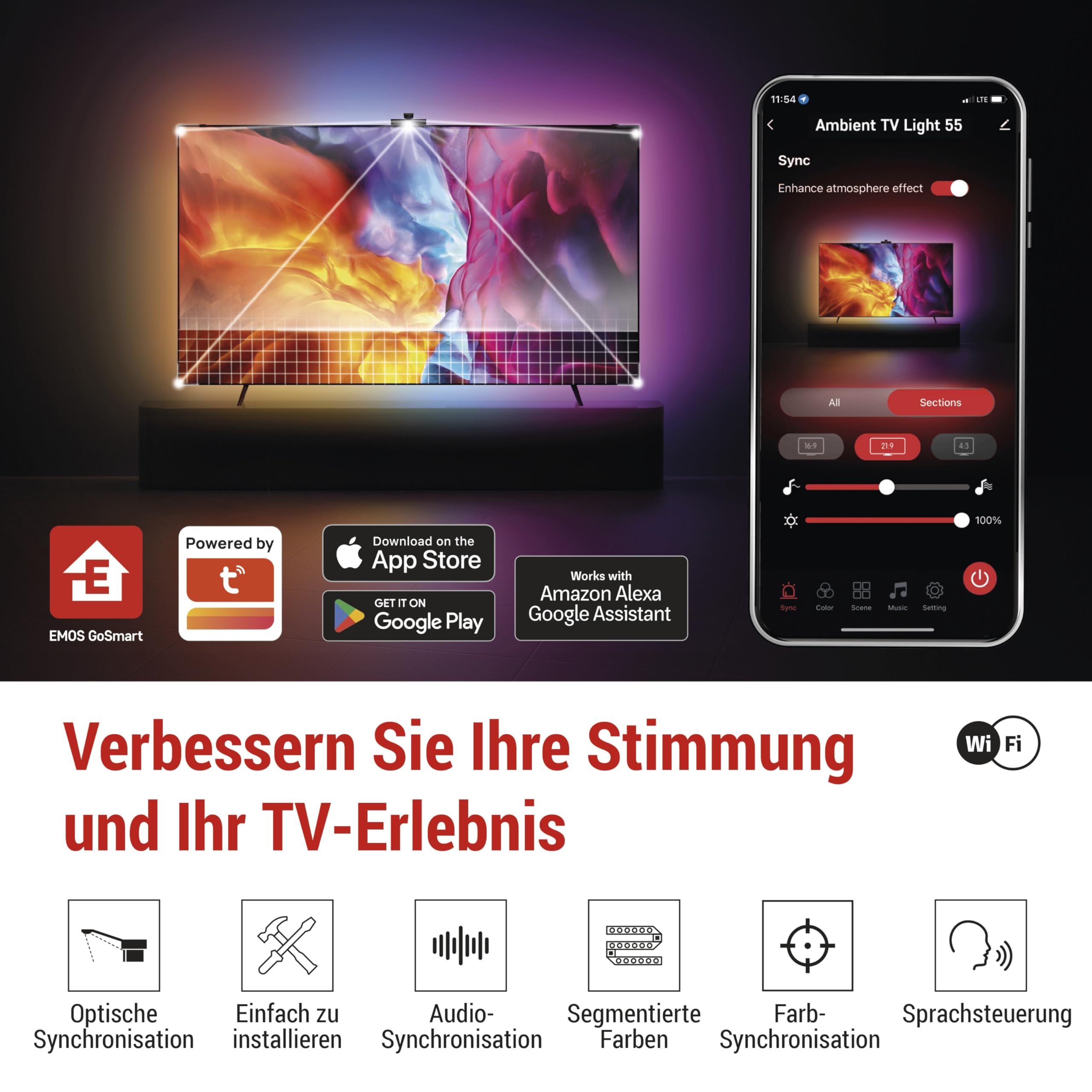 EMOS Retroilluminazione intelligente per TV da 55" (139 cm) - Tubi luminosi LED RGBIC rimovibili per TV con fotocamera - Luminosità 450 lm - Connettività WiFi, controllo tramite app