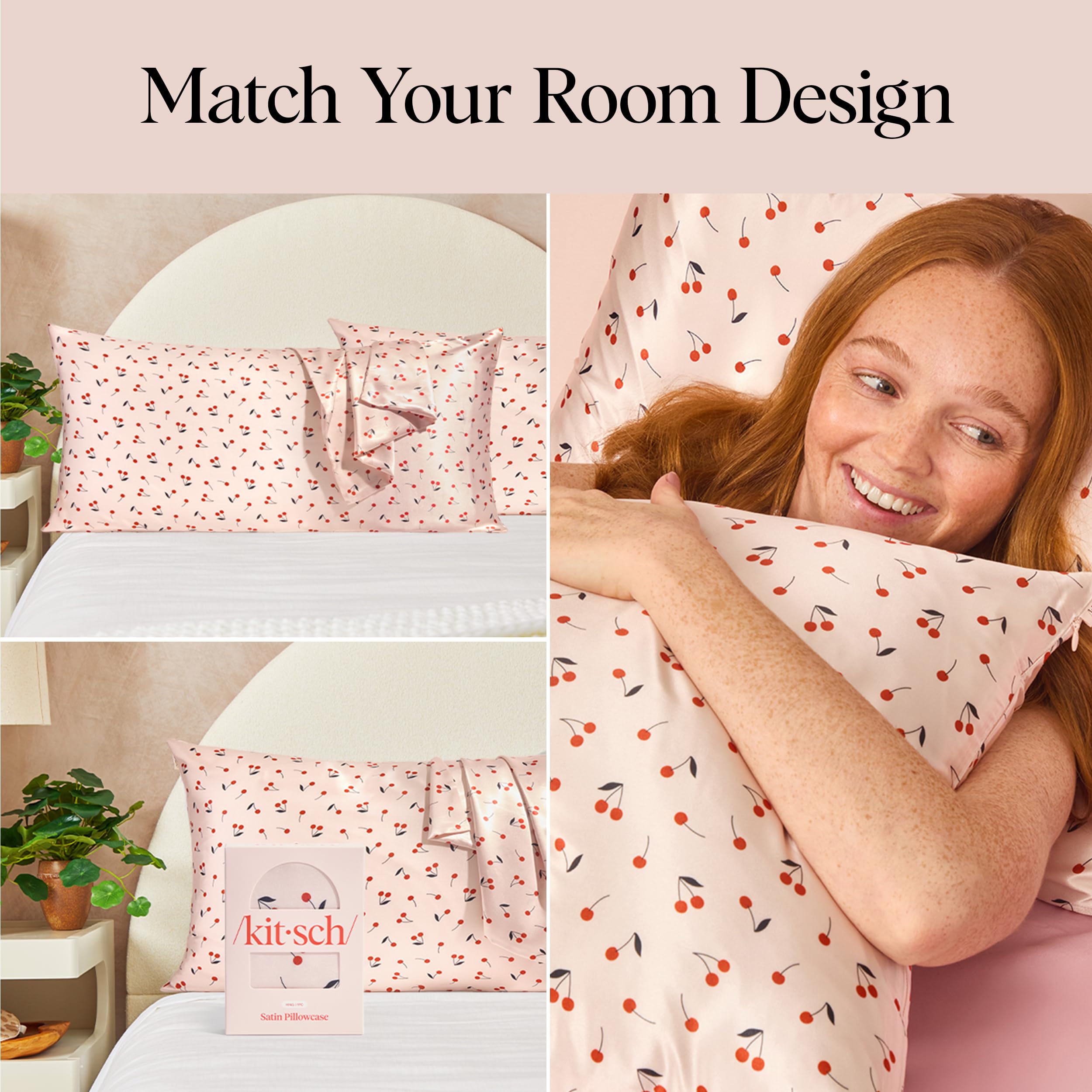 Kitsch - Morbida federa in raso con cerniera, delicata su pelle e capelli, per un sonno di qualità, liscia e senza pieghe, formato king size: 48,3 x 91,4 cm, motivo stampato: ciliegie