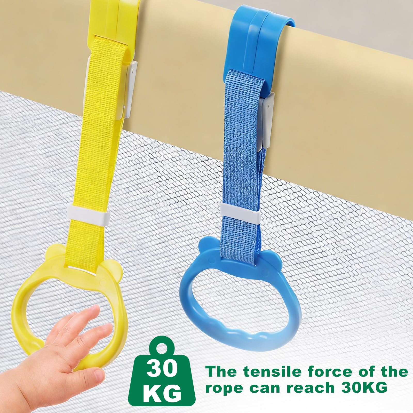 2 Pezzi Maniglie per Box, Anelli Lettino per Aiutare i Bambini a Imparare a Stare in Piedi, Appesi Sopra il Lettino da Campeggio, Grande,Regolabile