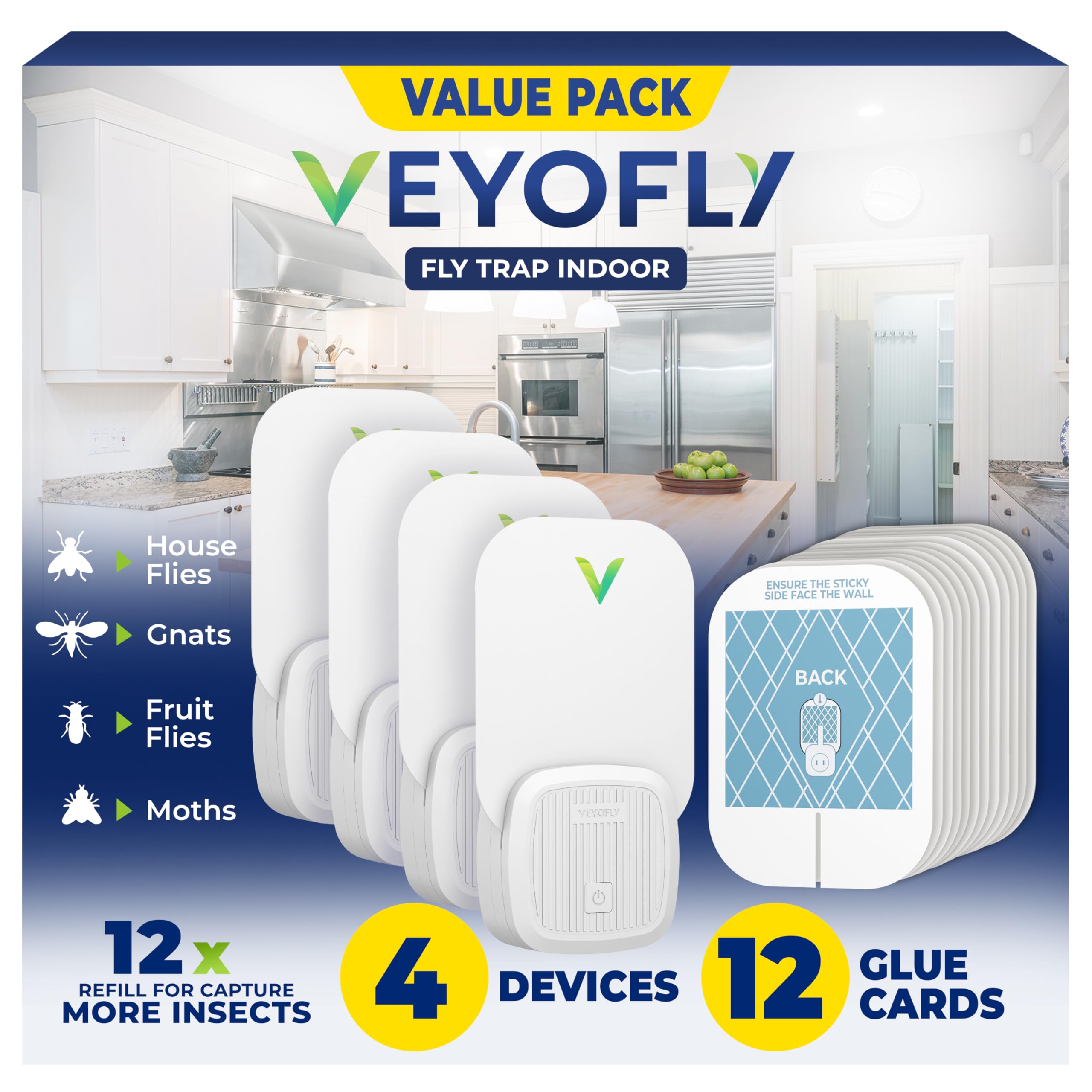 VEYOFLY Fly Trap Indoor, Fruit Fly Traps for Indoors, (4 Device + 12 Refills) Gnat Traps for House Indoor, Fly Catcher Indoor, Plug in Light Flying Insect Trap, Bug Light Killer, Fly Trap