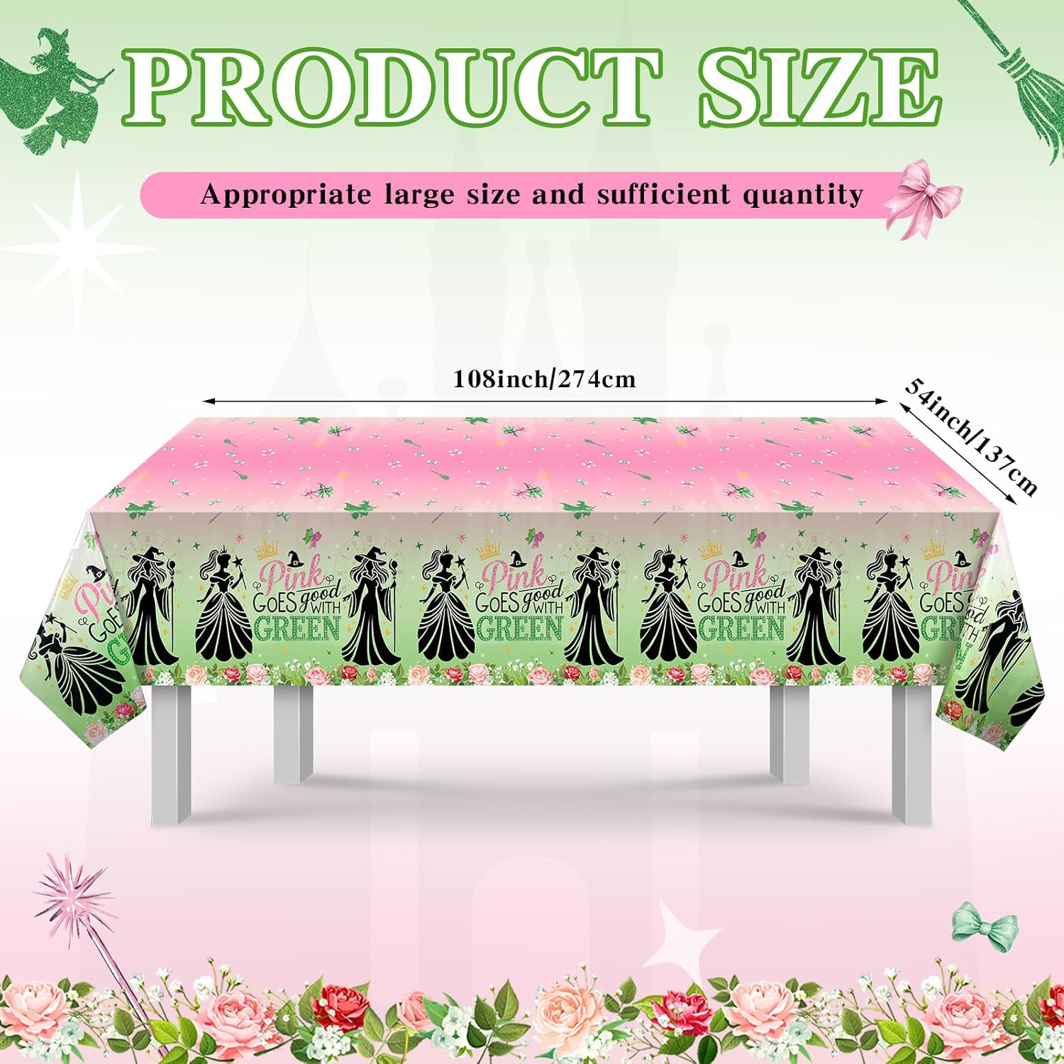 Booson 3Pcs Witch Party Tablecloth 54" x 108" Pink and Green Party Decorations Princess Disposable Waterproof Rectangle Plastic Table Cover for Kids Baby Shower Wedding Halloween Birthday Supplies - Image 2