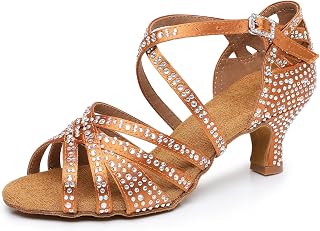 Rosefinch Chaussures de Danse Latine avec Strass Fond Souple Moderne pour la Pole Dance de Salle de Bal,la Danse de Mariage Chaussures Latines pour Filles et Femmes,5/7cm Talon 34-41EU