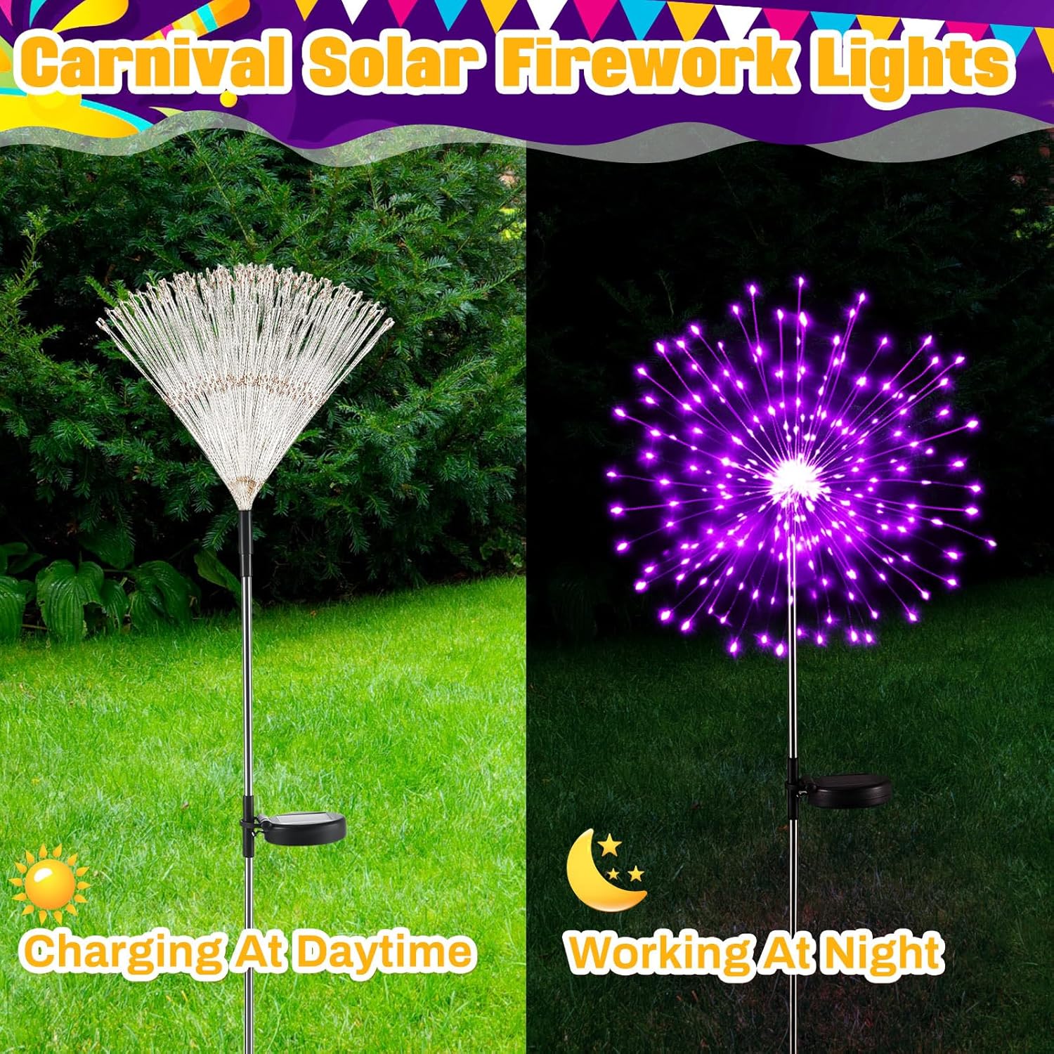 Tujoe 9 Pcs Mardi Gras Solar Firework Lights Solar Lights Outdoor Garden 120 LED 8 Modes Waterproof LED Sparkler Outdoor for Carnival Patio Yard Pathway Walkway (Purple,Yellow,Green)