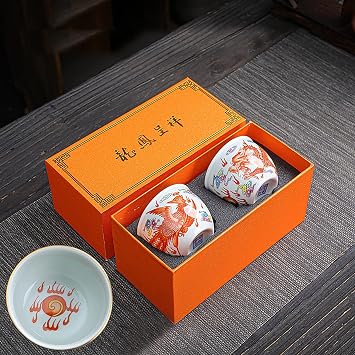 Master Teacup set of 2 tenmokus teacup Kungfu Tea Cup chinese tea set prosperity brought by the dragon and the phoenix Ceramic Handmade Ceremonial Matcha Tea Mug Color Dragon and Phoenix NO.3 Set
