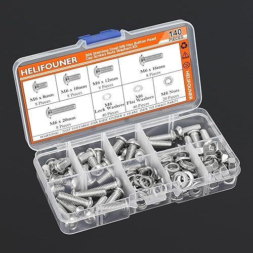 Miniatura 7 de HELIFOUNER Kit de 140 piezas M6 x 0.315in 0.394in 0.472in 0.630in 0.787in, cabeza de botón hexagonal, tornillos métricos, arandelas y tuercas, acero