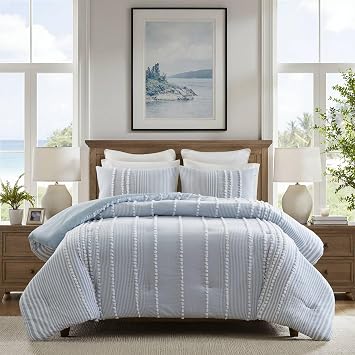 Harbor House Cotton Comforter Set - Trendy Tufted Textured Design, All Season Down Alternative Cozy Bedding with Matching Shams, Anslee Pom Pom Blue Full/Queen92"x96" 3 Piece | Textured Design
