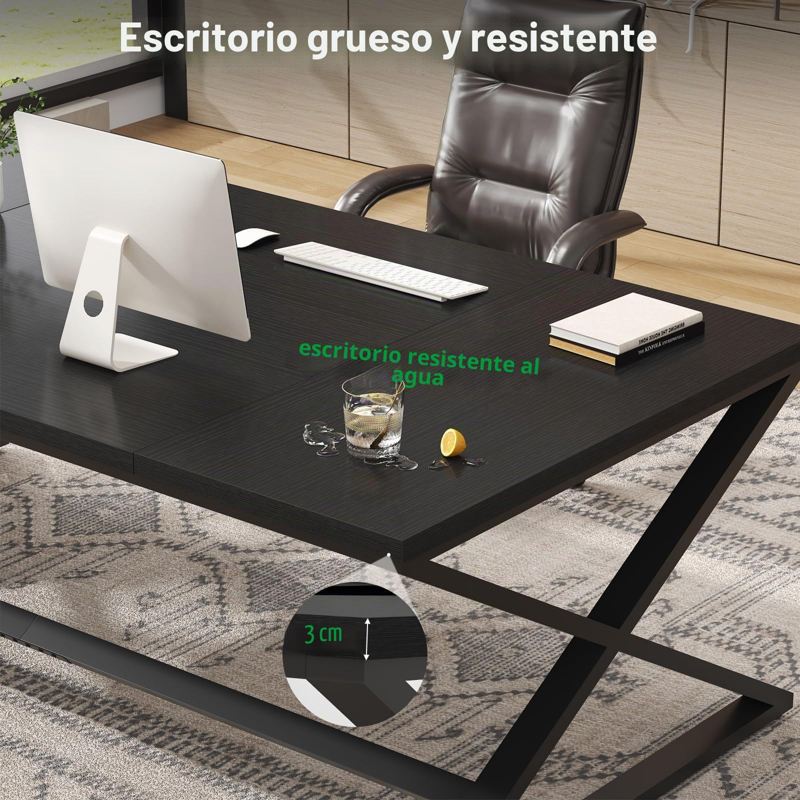 IBF Escritorio Negro, Escritorio Grande de Trabajo para Oficina en Casa, Escritorio de Computadora de 200 cm de Largo, Escritorio de Estudio Amplio y Simple para Escribir, Estación de Trabajo