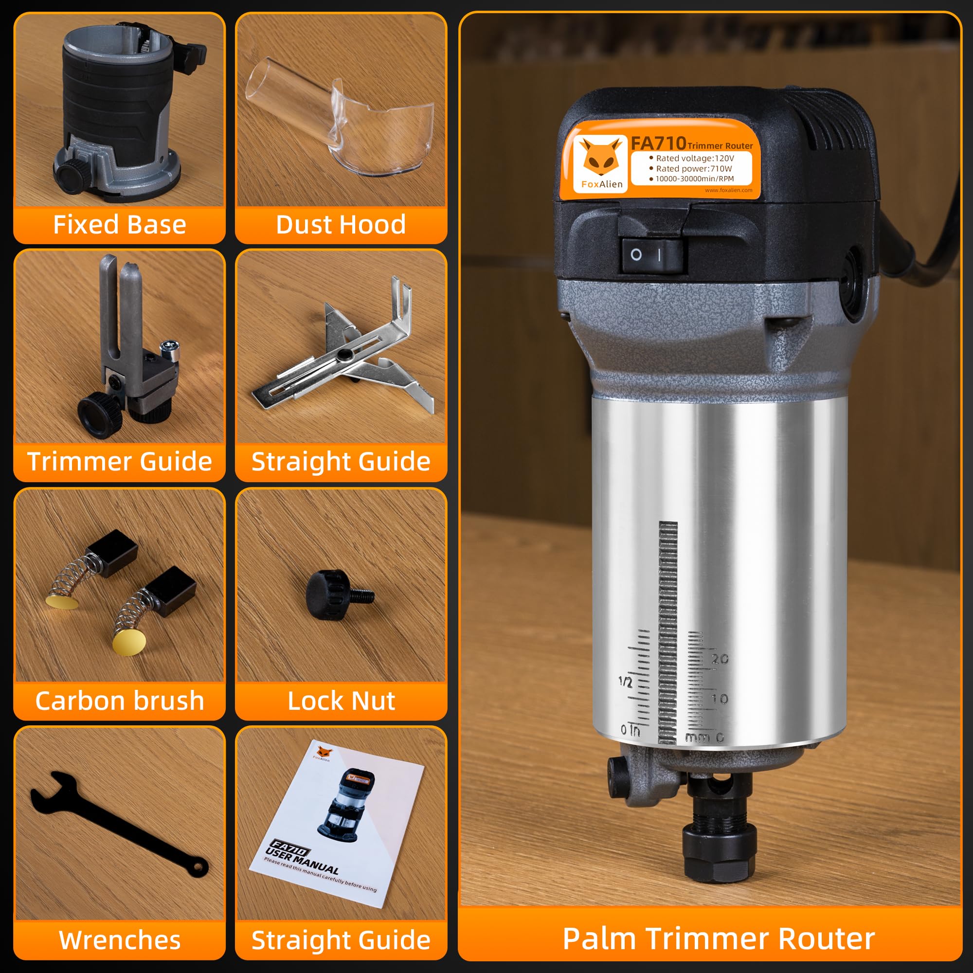 FoxAlien 1 HP 710 W 65 mm de diámetro compacto router de palma para fresadora CNC, 6 velocidades variables Max 30000 R/MIN recortadora de madera con colección de 1/4 pulgadas