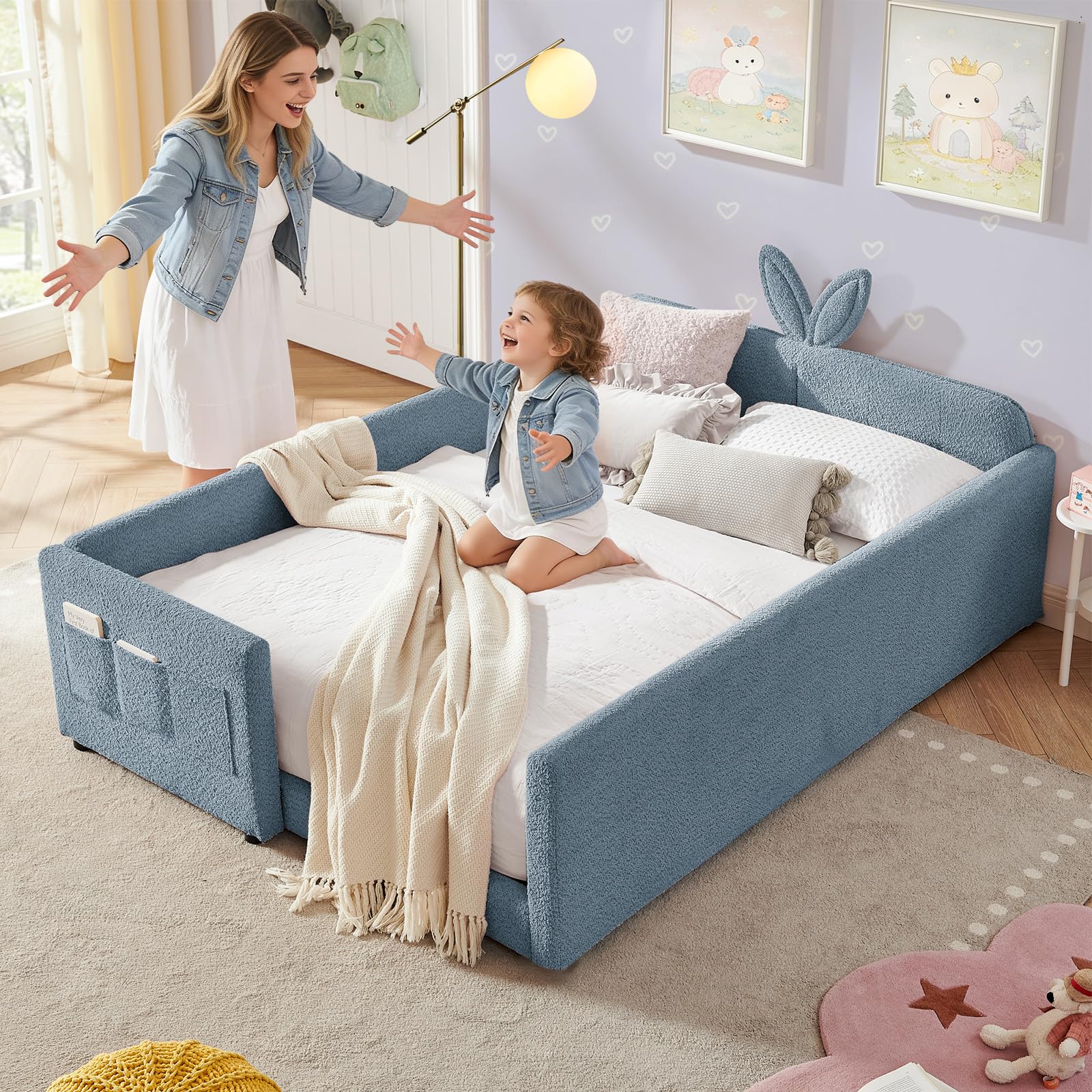 Full Bed Frame for Kids, Floor Platform Bed Bunny, Blue