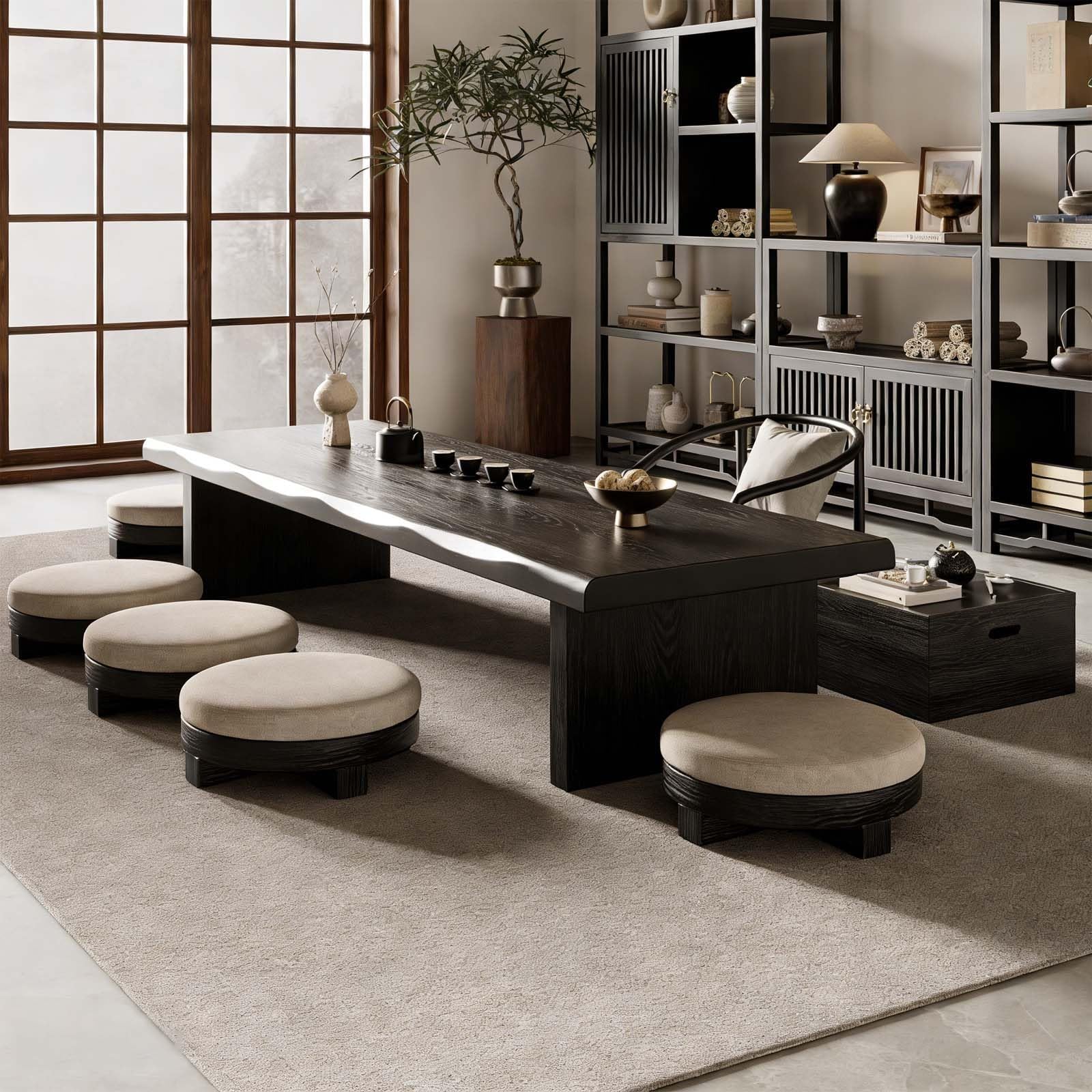 Modern Solid Wood Japanese Floor Tatami Table Rectangular Low Coffee & Tea Tables for Floor Seating Meditation Altar Tables for Living Room, Dining Room, Office, No Chair(Black,3.28x1.64x1.15ft)