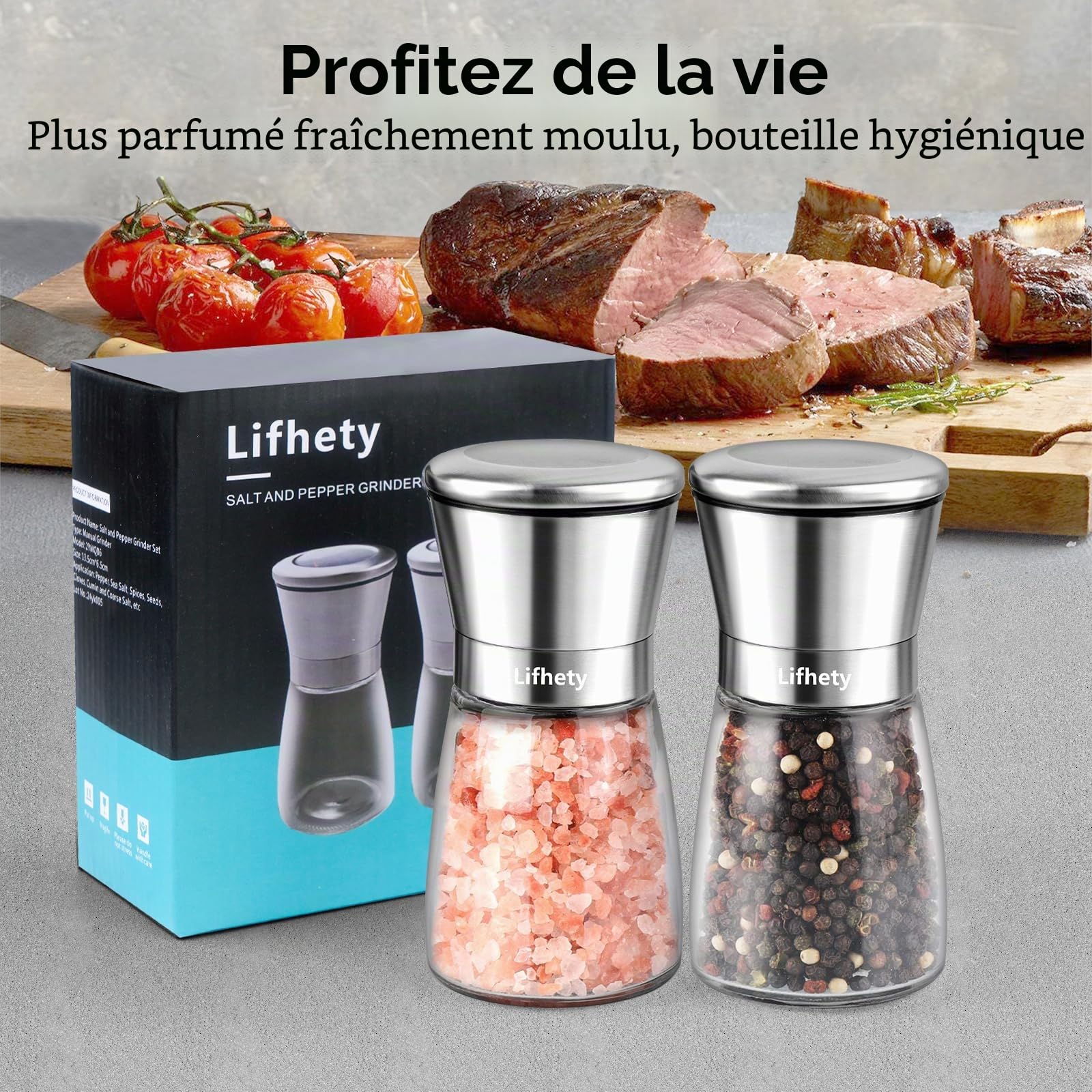 Lot de 2 Moulins à Poivre et Sel avec Broyeur Céramique Réglable, Salière et Poivrière Manuelle, Verre et Inox
