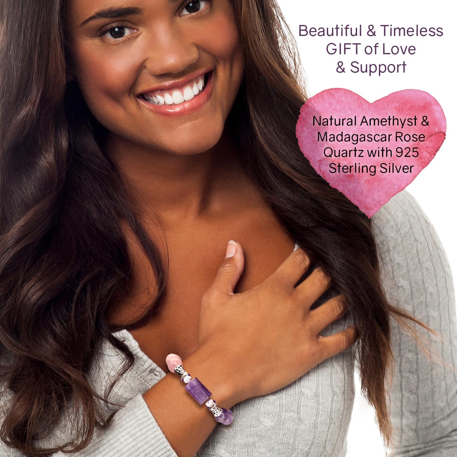 Strong Love Wellness Healing Intention Bracelet | Natural Gemstones, Amethyst, Cape Amethyst, Madagascar Rose Quartz | 925 Sterling Silver | Cancer Awareness Gift | Handmade