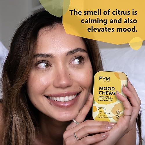 Miniatura 8 de PYM Citrus Mood - Masticables para el estrés, la preocupación y la abrumación, 20 unidades - 130 mg GABA, 90 mg de L-teanina - Vegano, sin OMG, sin