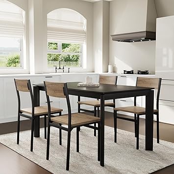 Dining Chairs Set of 4, Rustic Wood Dining Room Chairs with Metal Steel Frame & Slat Back, Modern Farmhouse Chair for Kitchen, Living Room (Brown)