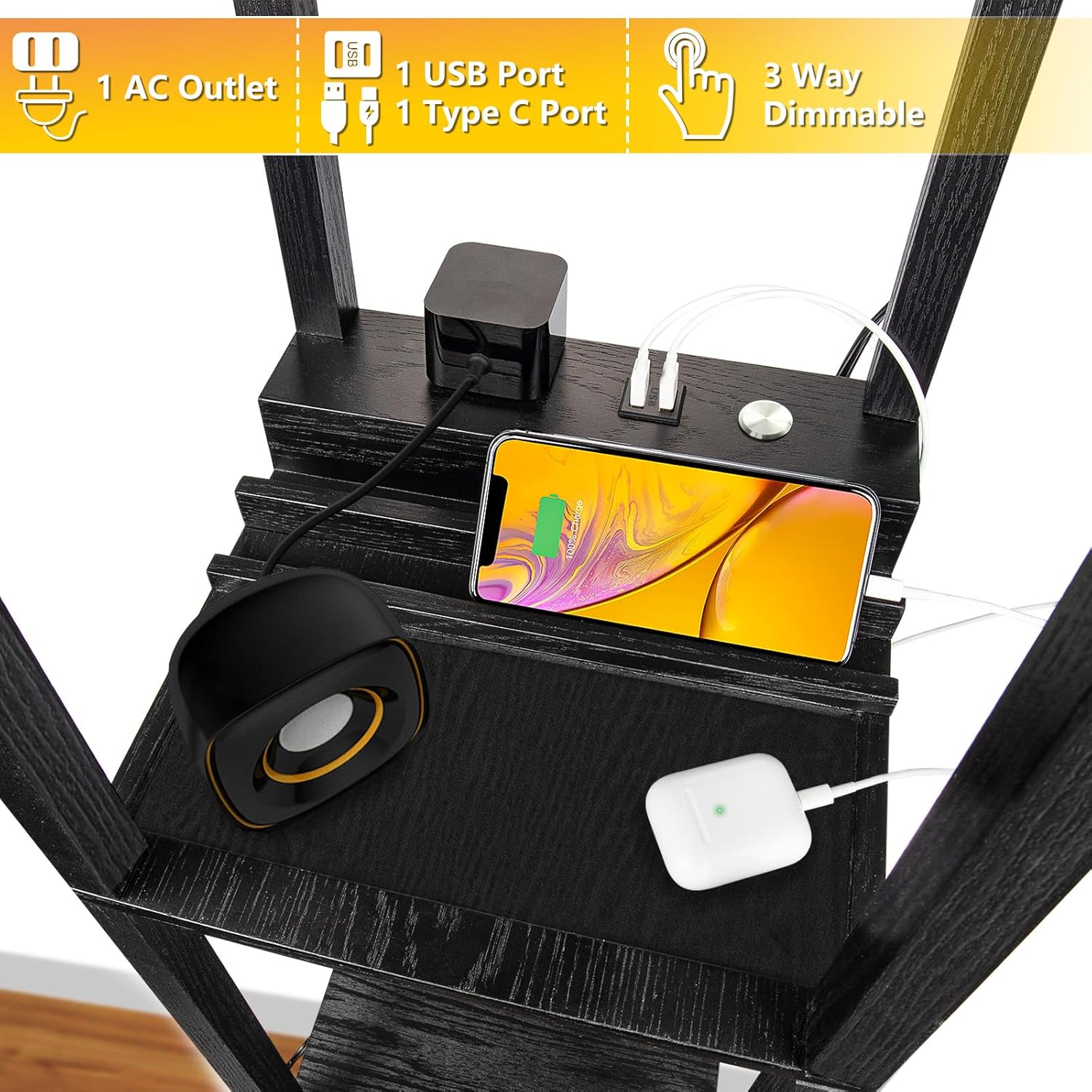 FOLKSMATE LED Shelf Floor Lamp with USB Charging Ports，Type C Port & Power Outlet, 3 Way Dimmable Touch Control Modern Standing Lamps with Shelves for Bedroom, Living Room