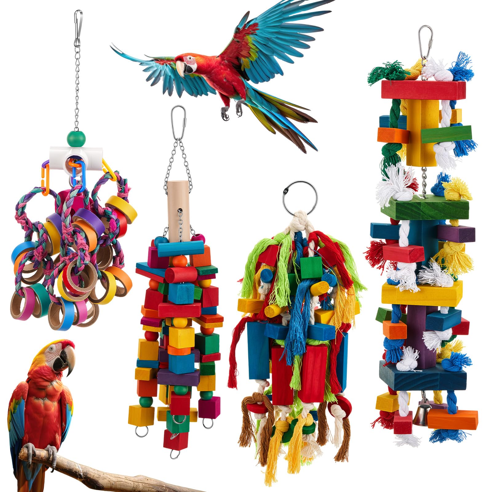 Seenelling 4 piezas extra grandes de juguete para loros de madera natural multicolor, juguetes masticables para guacamayos grandes y medianos, cacatúas, pájaros grises africanos (mezclado)