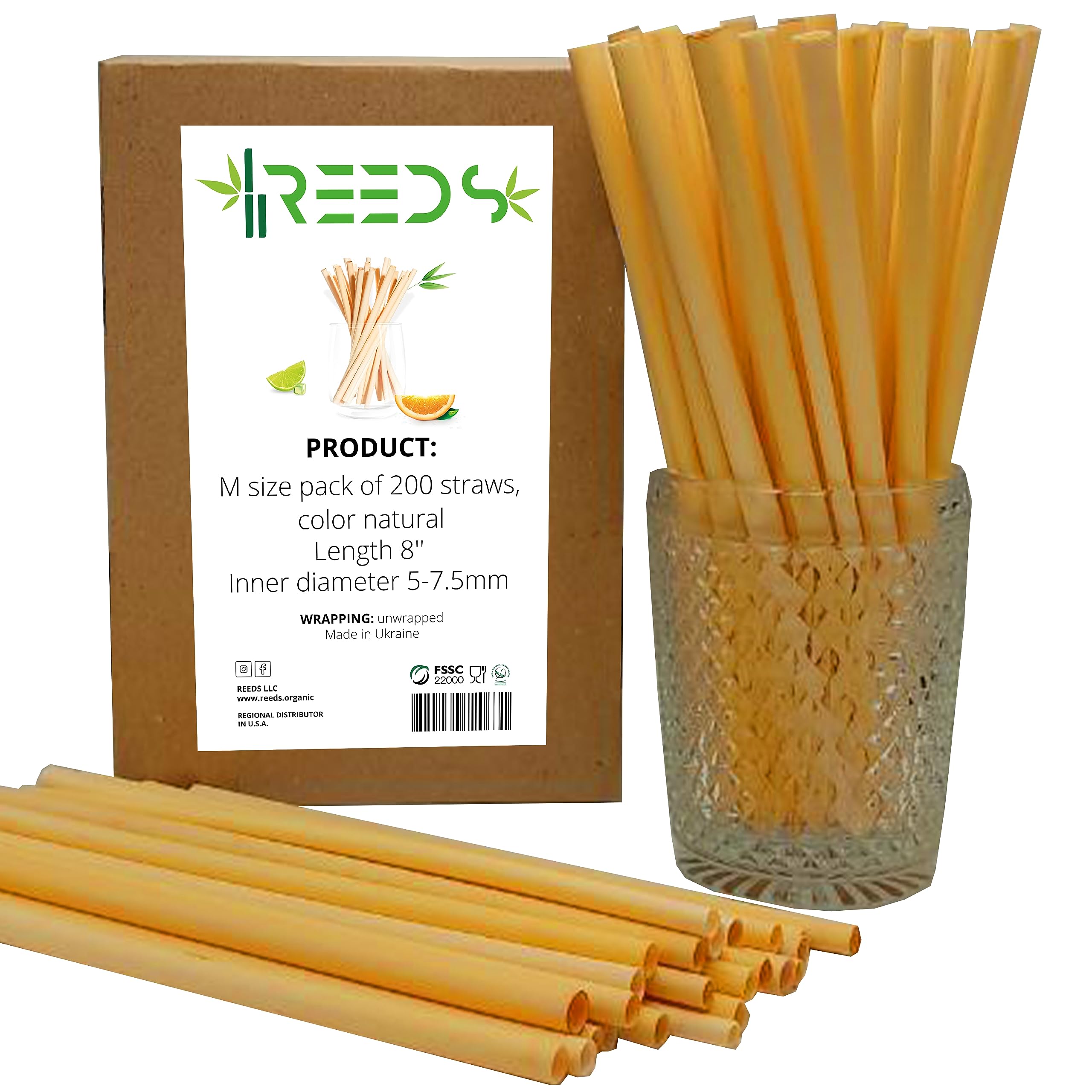 Reed Drinking Straws, Ecological, Biodegradable, 100% Plant-based, Single-use, Similar to Bamboo, for Smoothies, Milkshakes, Frozen & Signature Cocktails, Hot Tea, Coffee, 200 ct. Tall 8 inch, Medium
