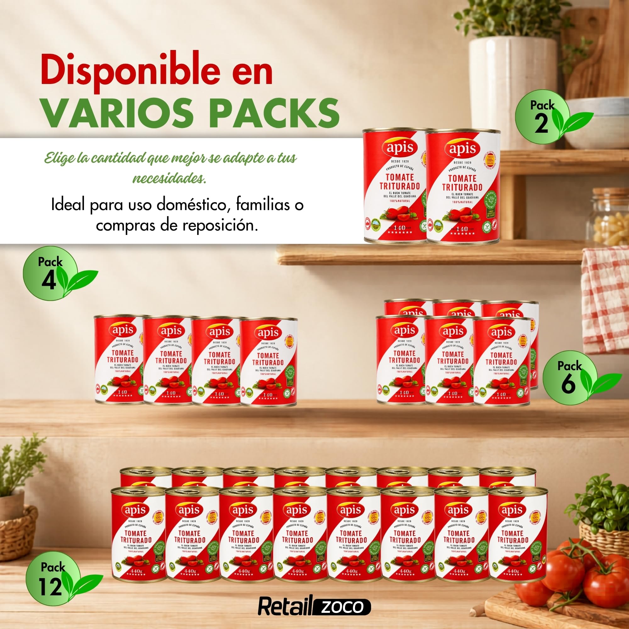 Tomate Triturado Apis, Tomate Natural en lata, Tomate 99.4%, sal y corrector de acidez, Sin Gluten, Producto Español, exquisito sabor, aroma y consistencia, Contiene 12 Latas de 400 gr
