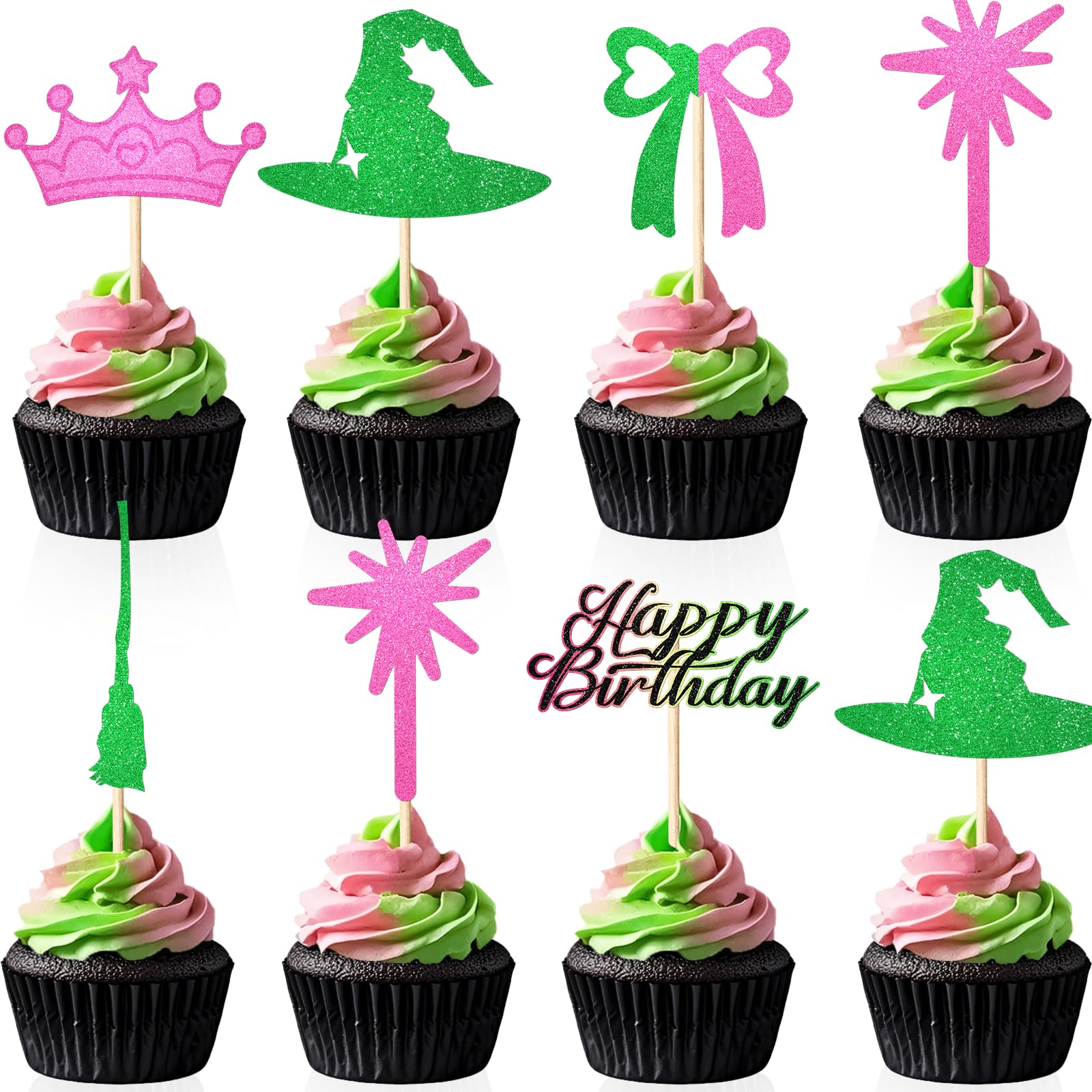 AFZMON 30 Pcs Witch Birthday Cake Decorations Cupcake Toppers, Pink and Green Birthday Party Cake Decorations for Witch Theme Party Supplies