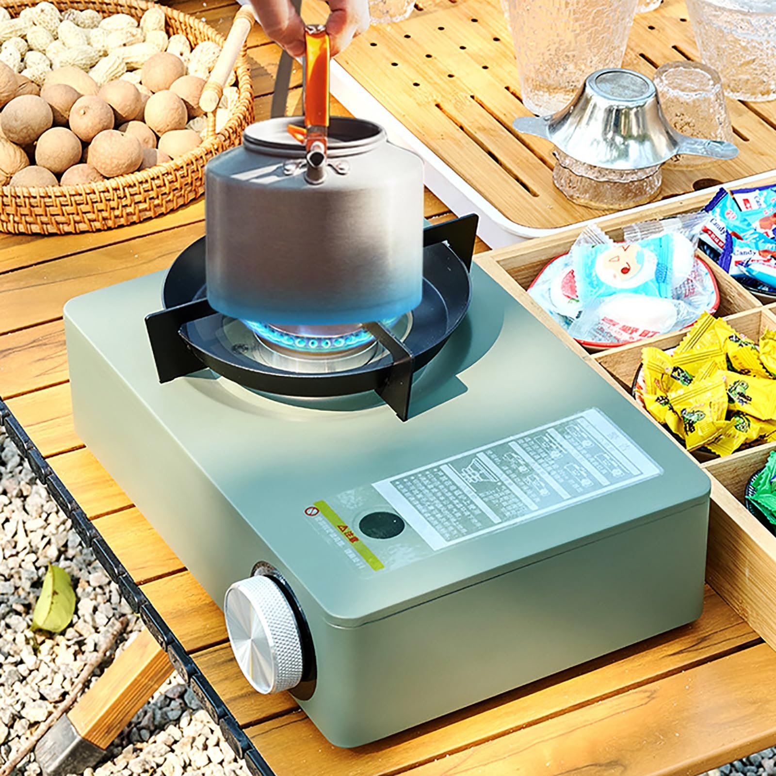 Fornello da Campeggio Portatile, Fornello da Campeggio Antivento, Stufa a Gas con Valigetta, Fornellino a Gas per Escursionismo Campeggio Trekking Picnic Potenza 5,2 W,Green1