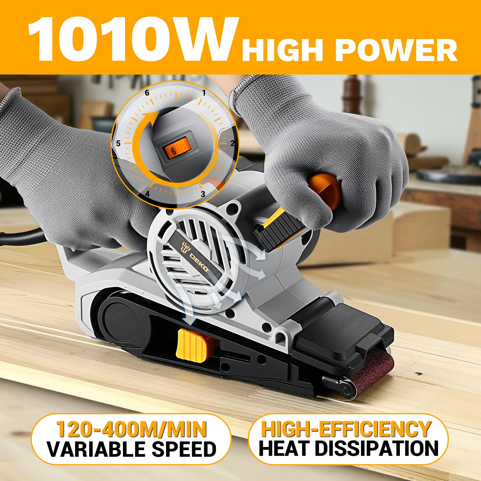 DEKOPRO Lijadora de Banda 1010W, Velocidad Regulable 120-400 m/min, Protector Ajustable y Empuñadura Delantera, Incluye 10 Bandas de Lija, Colector de Polvo y 2 Pinzas en C